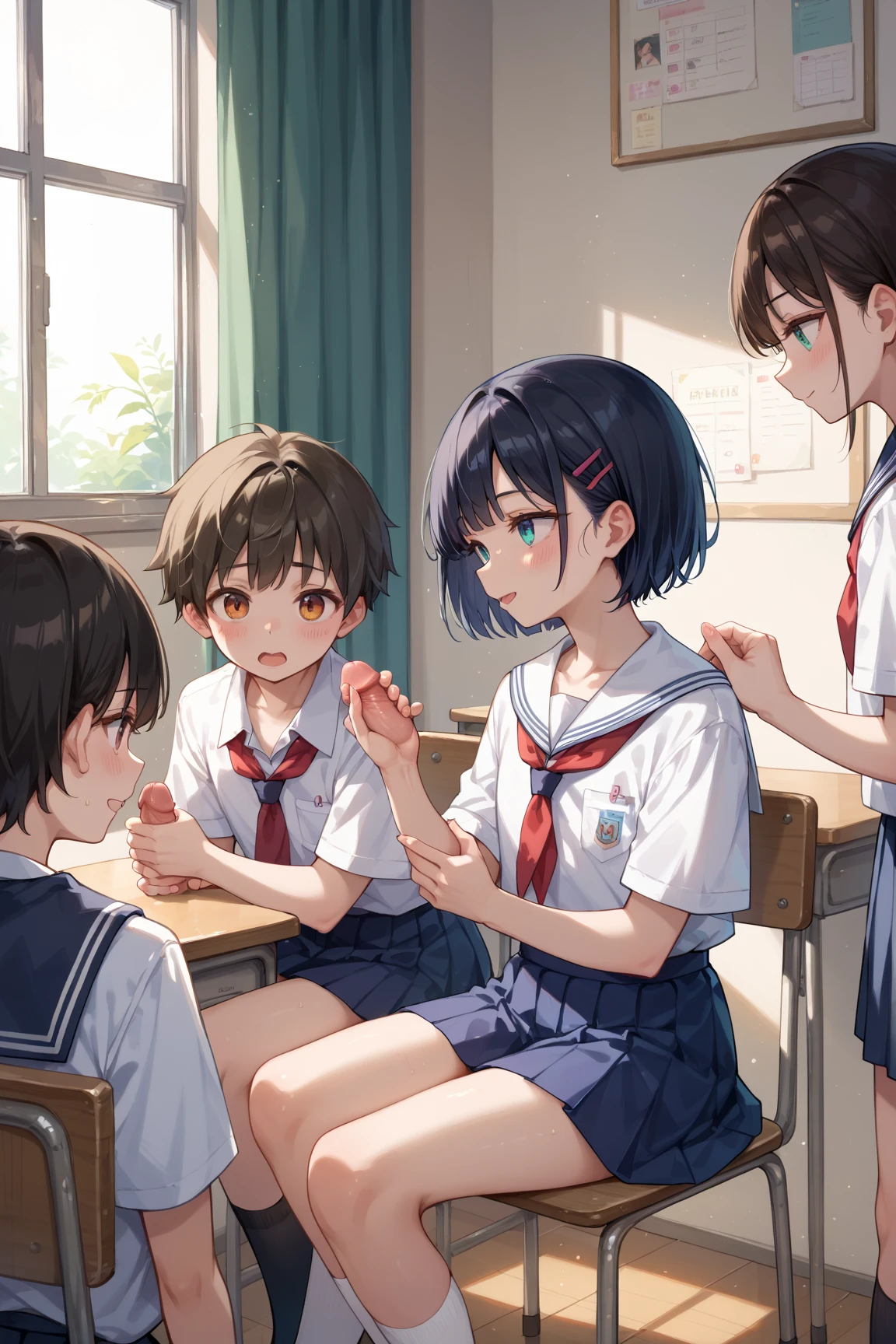 "Anime style classroom scene. Morning light streams through windows. Three high school students in focus:
1. Misaki (Long-haired female student): Long straight black hair, kind brown eyes, wearing a navy blue and white sailor uniform. Standing near her desk, looking surprised.
2. Ayaka (Curly haired female student): Shoulder-length wavy dark hair, bright expression, same sailor uniform as Misaki. Leaning on a desk, gesturing excitedly.
3. shota (Male student): Medium-length messy black hair, cool grey eyes, wearing a plain navy blue gakuran (school uniform). Standing in the doorway, looking slightly nervous but determined.
Classroom details: Rows of wooden desks and chairs, green chalkboard at the front, a teacher's desk, and some posters on the walls. Other students visible in the background, creating a lively atmosphere.
The image should capture the moment shota enters the classroom, with Misaki and Ayaka noticing him. Misaki looks curious and slightly flustered, Ayaka appears intrigued and excited, while shota maintains a cool but approachable demeanor.
Style: High-quality anime art, vibrant colors, detailed character expressions, and soft lighting to create a warm, inviting atmosphere."