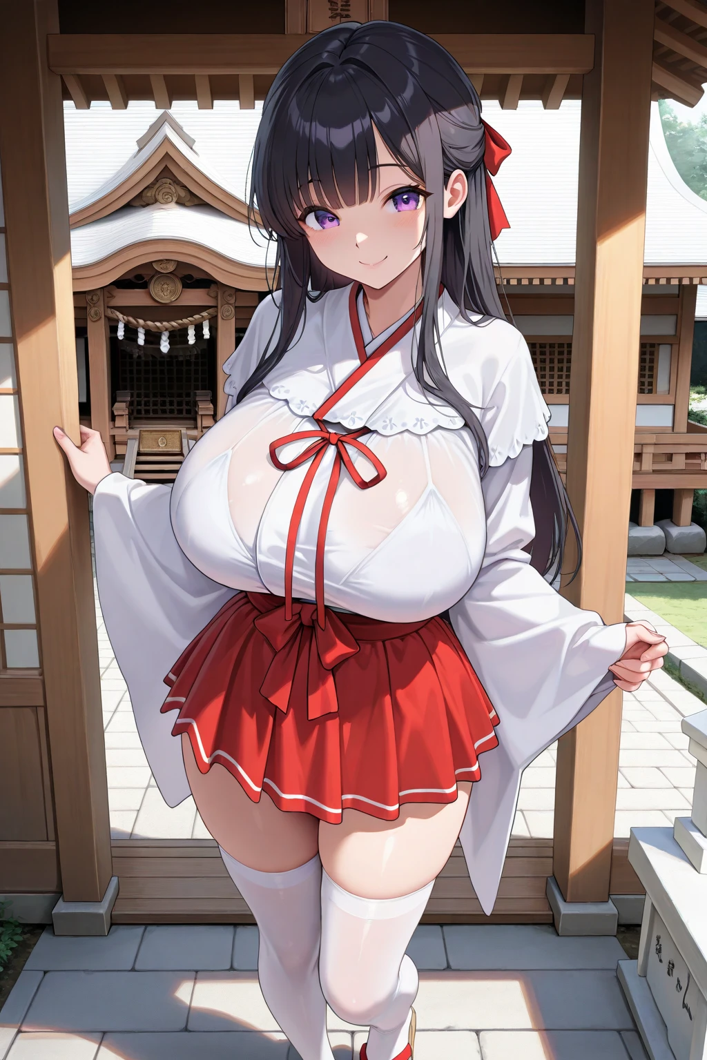 (masterpiece, best quality:1.2), cowboy shot, solo, 1girl, ayanokouji rem, smile, looking at viewer, long sleeves, capelet, red skirt, thighhighs, chubby thighs, big breasts, chubby cheeks, Open chestThe chest is open.