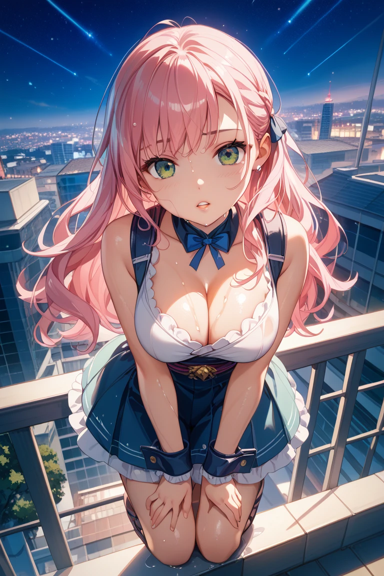 official art, masterpiece, sharp focus, (beautiful gorgeous cute Korean woman:1.3), (beautiful cute korean:1.3), korean beauty, Delicate and beautiful hair and eyes and face, realistic, ultra detailed, beautiful girl, blue sky, glow white particle, (sidelighting:1.2), sun light, white cloud, detailed clouds, slender, Lovely very large breasts and very large hips, smile with teeth, ((smile with eyes, open both eyes)), scenery, long straight hair, sexy facial expression, building, (cityscape:1.7), dynamic hair, long straight hair, detailed platinum pink hair, glow blue eyes, (blue pleated shirts + white skirt), white long socks, pale skin, hair ornament, epic scenery,