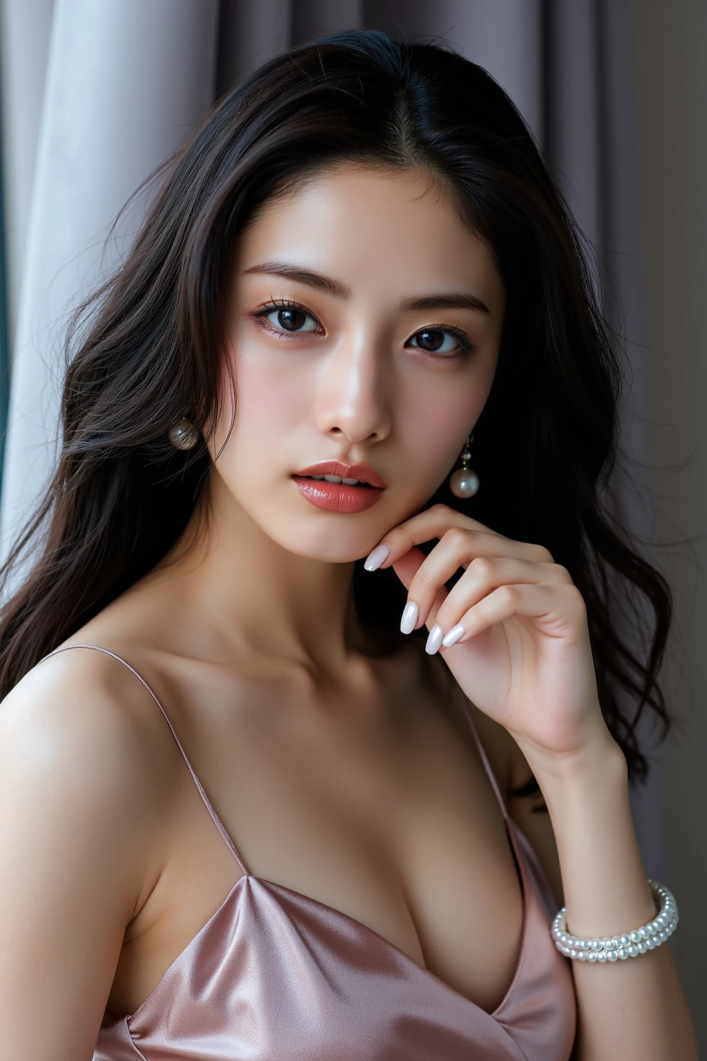 Dark brown hair、Light brown eyes、Japanese actress、 Lady、I am about 40 years old..、(Intricate details:1.2)、(Which one is on top??:1.4)、 (Ultra-high resolution:1.2)、Ultra-high resolution、(Finely tuned)、(Detailed facial features)、Hmph、8K resolution、D cup size breasts、Long Hair、Blocks sunlight and shade、A balcony with a resort feel、Pink flowers are decorated in the background、Pink flowers blooming in a resort area、Decorate your ears with deep pink flowers、white wall、white floor、Full body photo、Head to toe shot、Beautiful legs、white One piece with a wide open back、Blackpink Jenny 私 took this photo with the image of、Beautiful legs、she, Fashion Hub, Extreme Detail, Very detailed, Realistic, Hourglass-shaped body, Obscene pose、Lift your chin a little、Please open your mouth a little、Poses that make you feel weak、Are crying、Deep sorrow、Looking into the camera、
