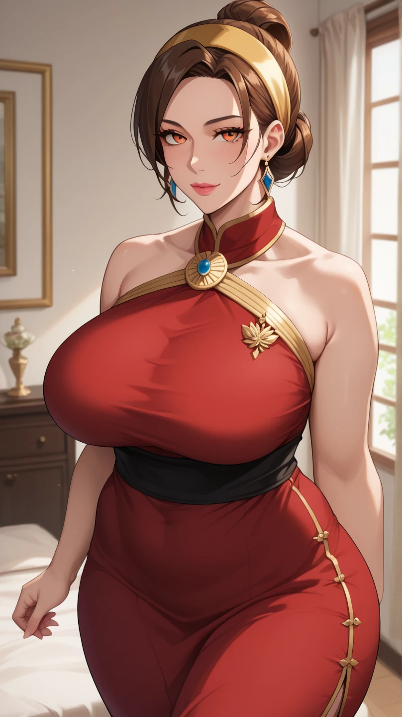 Chinese woman wearing China dress, Very detailed decorations, (((masterpiece))), ((Highest quality)), ((Intricately detailed)), ((ultra-realistic)),, Absurd resolution, Healthy Young Women, Mature Woman, perspective, Very detailed, figure,, (Large Breasts), Perfect hands, Detailed fingers, Beautiful attention to detail, short hair, Green Eyes,(China dress:1.2), Earrings, Detailed Background, Perfect Eyes, Seductive eyes, Are standing,( Looking at the audience:1.6),(Raise the hand, Place your hands behind your head:1.5)