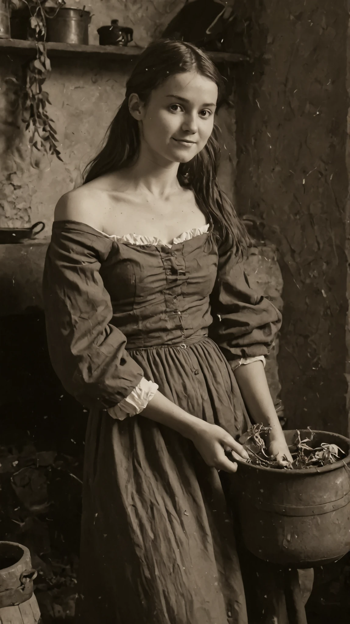 late 19th century American frontier (skinny young lady) is working hard, gathered her family, sepia tone, faded colors, heavy film grain, scratched and creased edges, soft vignetting, slight blur, high contrast, vintage silver gelatin print style, full‑body view of a seductive pioneer (skinny young lady), (small breasts), hidden crotch, fitted calico dress with plunging neckline and thigh‑high slit, off‑shoulder puff sleeves revealing bare shoulders, tousled finger‑wave hair, sun‑kissed glowing skin with subtle sheen, candid slice‑of‑life moment not looking at camera, surrounding rustic objects: cast‑iron pot on hearth, hanging dried herbs, wooden bucket, horse‑drawn wagon in background, rolling prairie beyond, golden hour lighting, earthy muted palette with warm highlights, cinematic soft focus, slight film grain, no modern elements, playful smile, 
