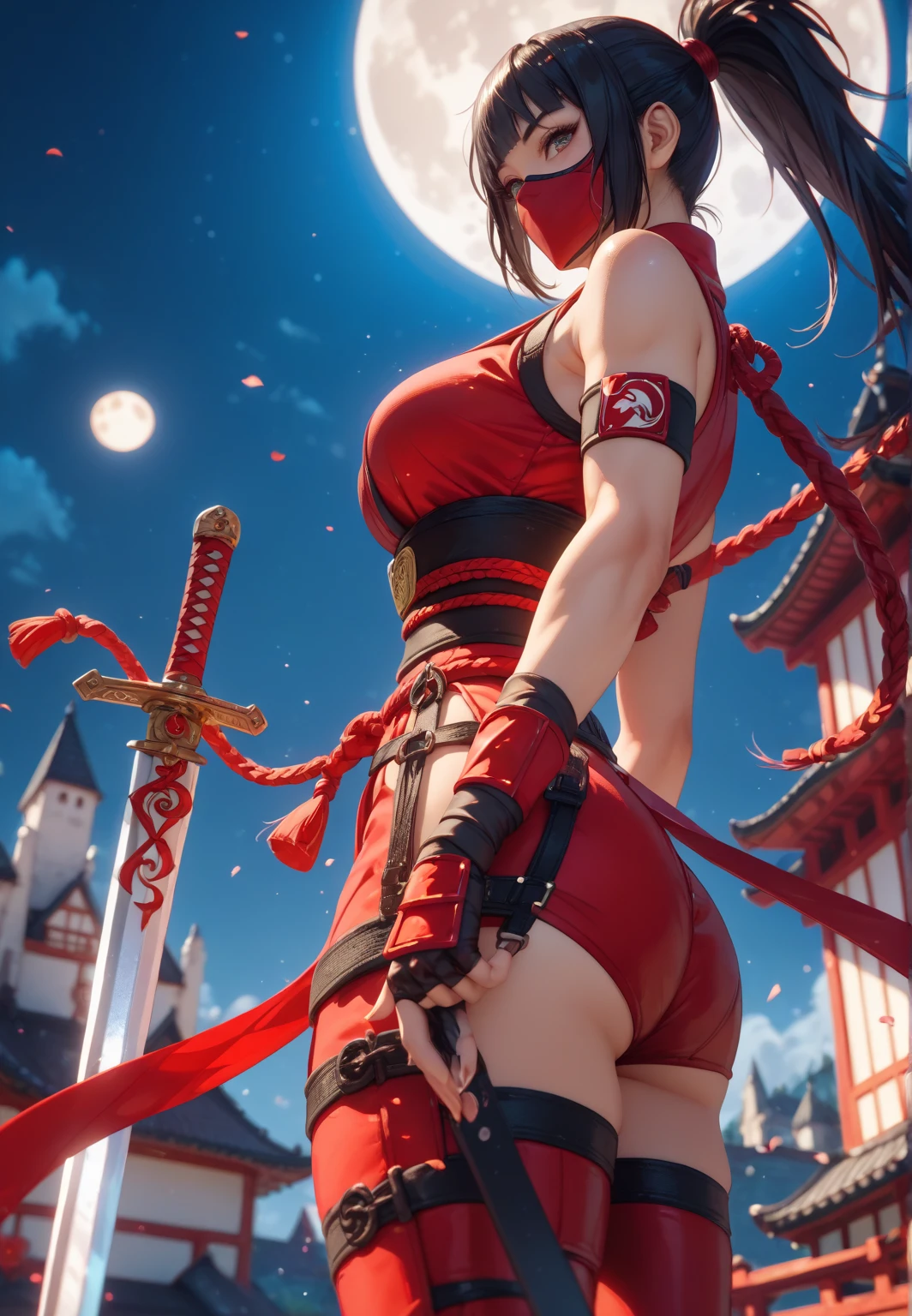 light up, japanese child girl, wearing latex white ZENTAI highleg suits, red leather highboots, (((Crouching))), action scene, from behind, ass view, wedgie, bare thighs, battle with many black ninja force, prepare a KATANA, at burning Shrine, tori ready, moonlight, lightup, red shoulder armor, red long iron grab, flattering red long scarf, black belt, strong wind, Super giant monster, boss battle,
