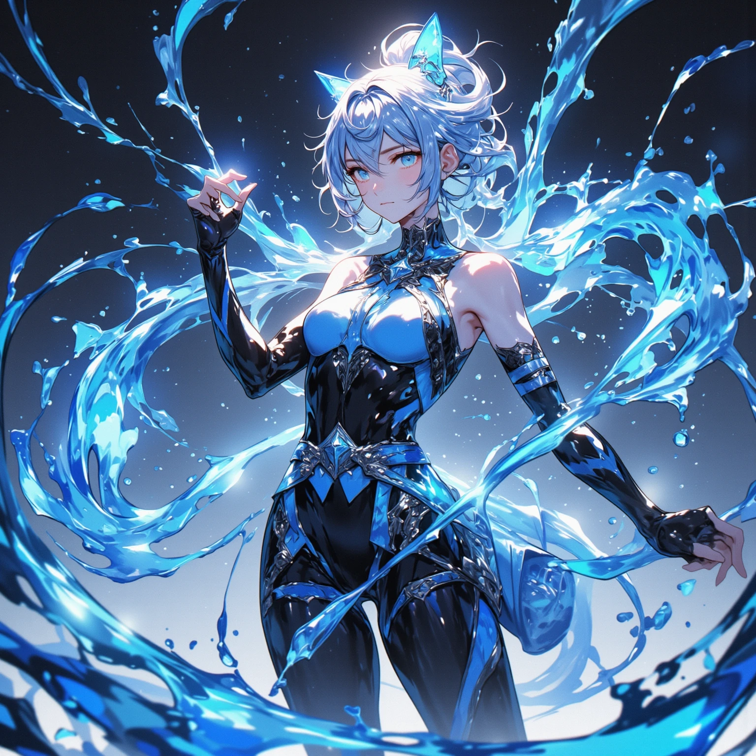 8K, Highest quality, (real:1.4), Original photo, 1 girl, Asari Hair, Biological Amplifier, Very sleek and futuristic armor, posture: Peace talks between warring factions,,attention arousal, smart blue eyes,A modest smile,Knee-high boots,Blue big moon and blue light swirl in the background,Blue light from behind,blue light magic,A small, glowing blue ball in the palm of your hand,Blue flame swirl