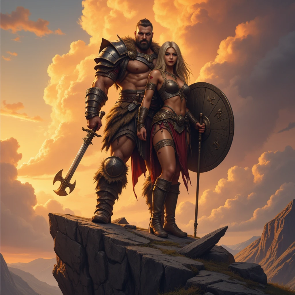 Black Viking left arm tattoo design, a full body muscular viking man and beautiful blond woman showing big busty and   showing , muscular legs, holding big sword with right hand, brown hair divided with bangs, perfect eyes, wearing warrior leather shoes, wearing warrior boots, lake and mountains in the background.
