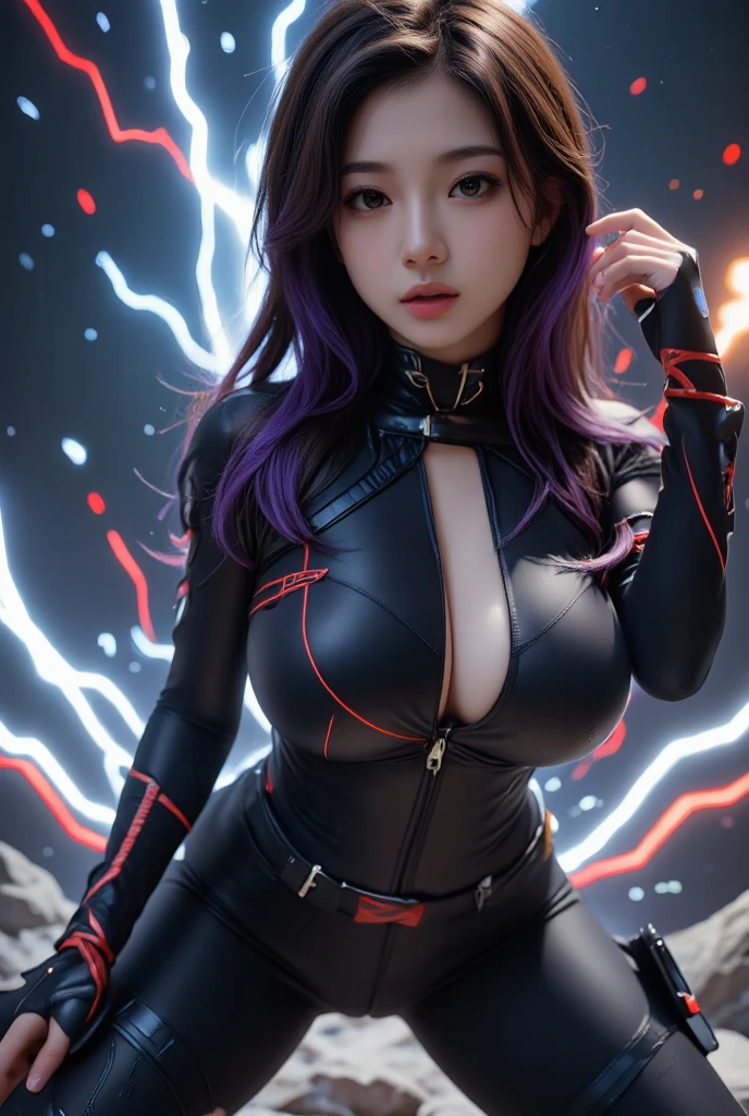 cyberpunk girl, beautiful girl, black purple hair, beautiful detailed eyes, extremely detailed face, cleavage, crop mecha suit, off shoulders, exposed perfect abs, thick thighs, 4k, 8k, highres, masterpiece, ultra-detailed, realistic, photorealistic, photo-realistic, HDR, UHD, studio lighting, ultra-fine painting, sharp focus, physically-based rendering, extreme detail description, professional, vivid colors, bokeh, portraits