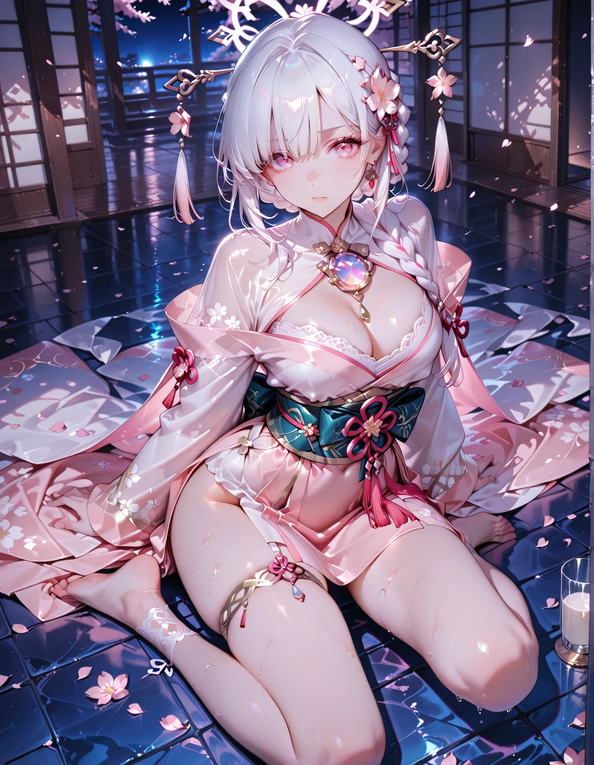 (masterpiece, best quality), best resolution, (ultra-detailed), (3heads:1.5), 1girl, (saigyouji yuyuko:1.3), masterpiece, best quality, baby blue top, crop top, ((stomach)), midriff, ((groin)), light blue skirt, normal ears, shackles, pink hair, very long hair, wavy hair, sidelocks, red eyes, parted lips, single horn, sweat, cute, toned belly, hand on own chest, eyelashes, (24 year old woman:1.3), (masterpiece:1.4), (best quality:1.4), (beautiful detailed), extremely detailed CG, extremely delicate and beautiful, depth of field, (finely detailed face), (perfect details:1.0), (mature female:1.3), wide pelvis, slender, large veiny breast, 8k resolution, high quality, high definition, extremely detailed, masterpiece, best quality, pink hair, long hair, alluring presence, braid, short skirt, close up, big tits, young, mob cap,