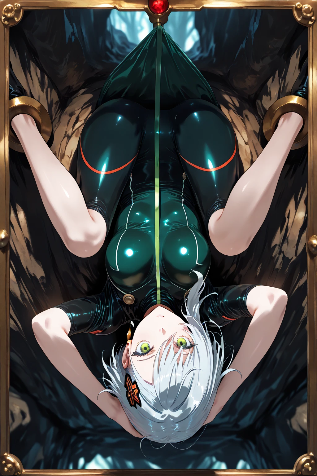  (8k, RAW photo, best quality, masterpiece: 1.2), high detail RAW color photo, cinematic light, (detailed face: 1.2), perfect anatomy,

((1girl)), solo, (Restraint:1.2),(lying on bed, on back:1.2), (split:1.5),
(arms up:1.2), (spread legs, knees up, showing crouch:1.2), front view, from above, (close-up crotch, crotch focus),
BREAK
in the royal bedroom, luxury canopy bed, (Restraints, collars, handcuffs:1.2), (Handcuffs on the hand and ankle),tapestries and artworks, rim light, sunlight, beautiful lighting,
BREAK
(cute face:1.5), detailed blue eyes, (eyes highlight), (white hair, short hair), medium breasts, (embarrassed), closed mouth, full-face blush,
BREAK
(slender body, shiny skin: 1.3), (bare breasts:1.2), bare feet,navel, Wearing no clothes, (no clothes, no bra, no panties:1.3), BREAK
