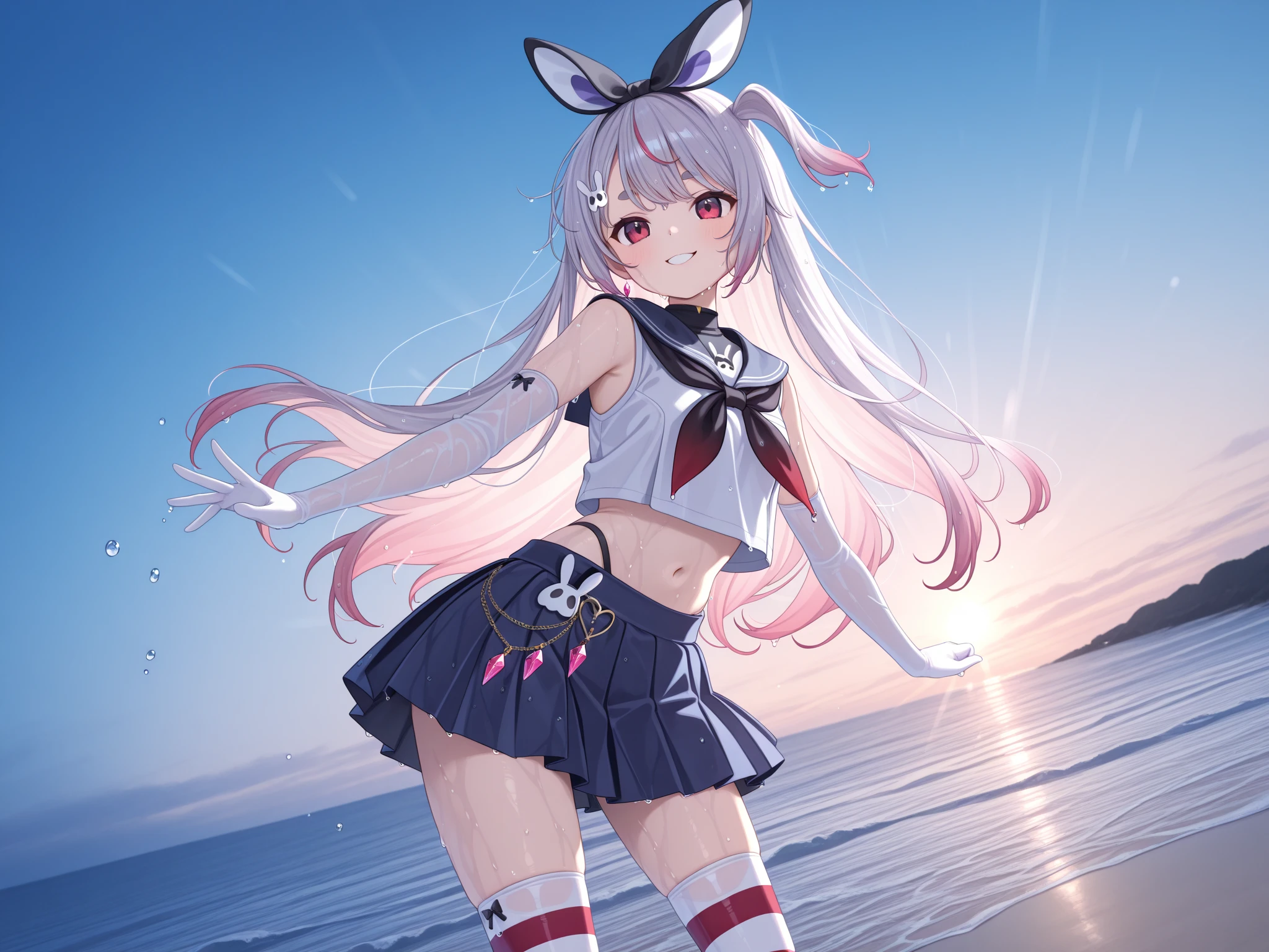 (masterpiece, best quality:1.2),illustration,8k,hd,1girl,solo,cowboy shot,shimakaze (azur lane),animal ears,rabbit ears,very long hair,smile,hairband,small breasts,brown eyes,white hair,dress,blush,bare shoulders,short dress,sleeveless,skirt,black dress,bikini bottom only,<lora:Shimakaze(azur)>,