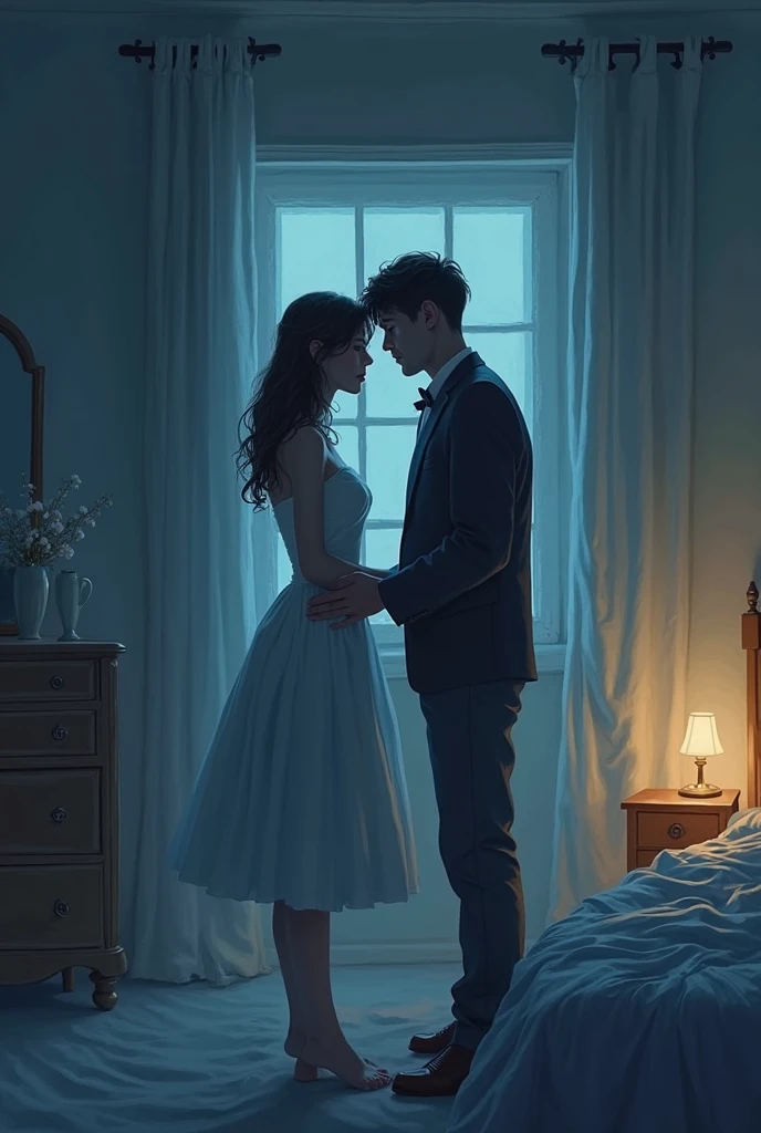 “A woman and a man are in love in their room, with their lights turned off while a bunch of candles light up their way. Roses are spreaded on the bed while they kiss passionately on Valentine’s Day.” --auto --s2