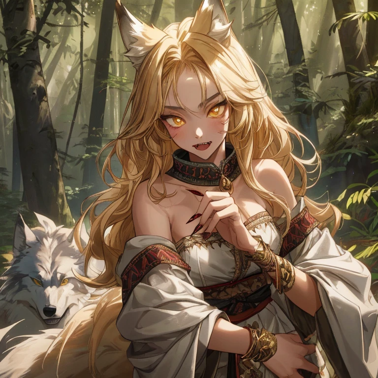 (masterpiece), (best quality), 1girl, girl with fox ears, (red glowing eyes), fantasy, sexy, big breast, mystery