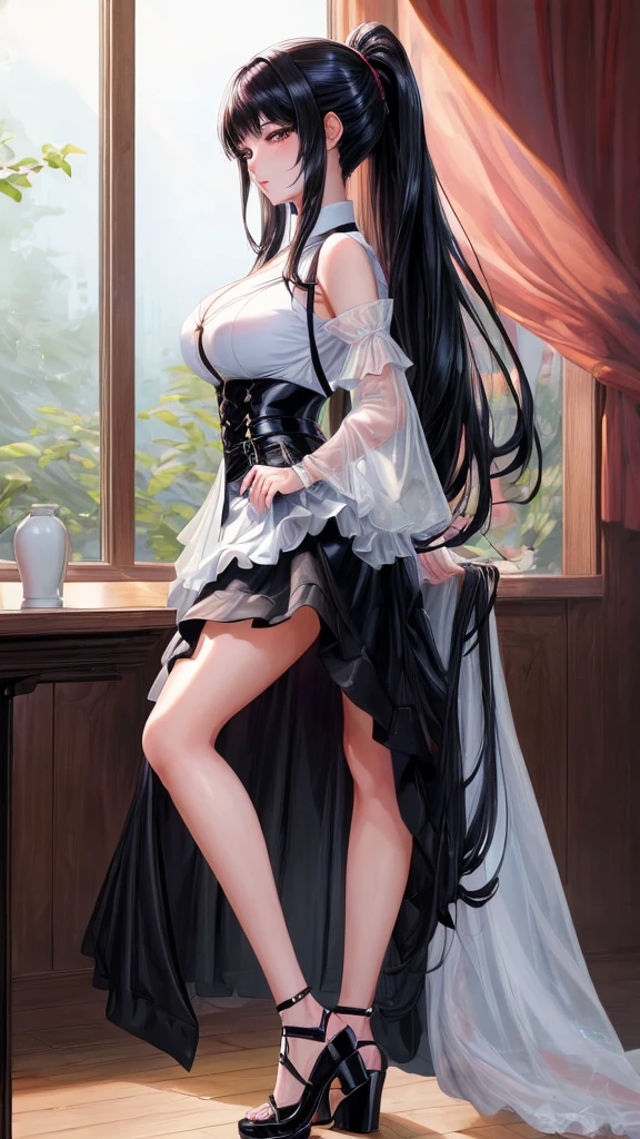 A girl, Black gold-edged tulle skirt, Black hair,best quality, Very detailed, high resolution, High heel ,Passionate,Tender as water,(Big ,Large Breasts)Royal sister,Sexy。