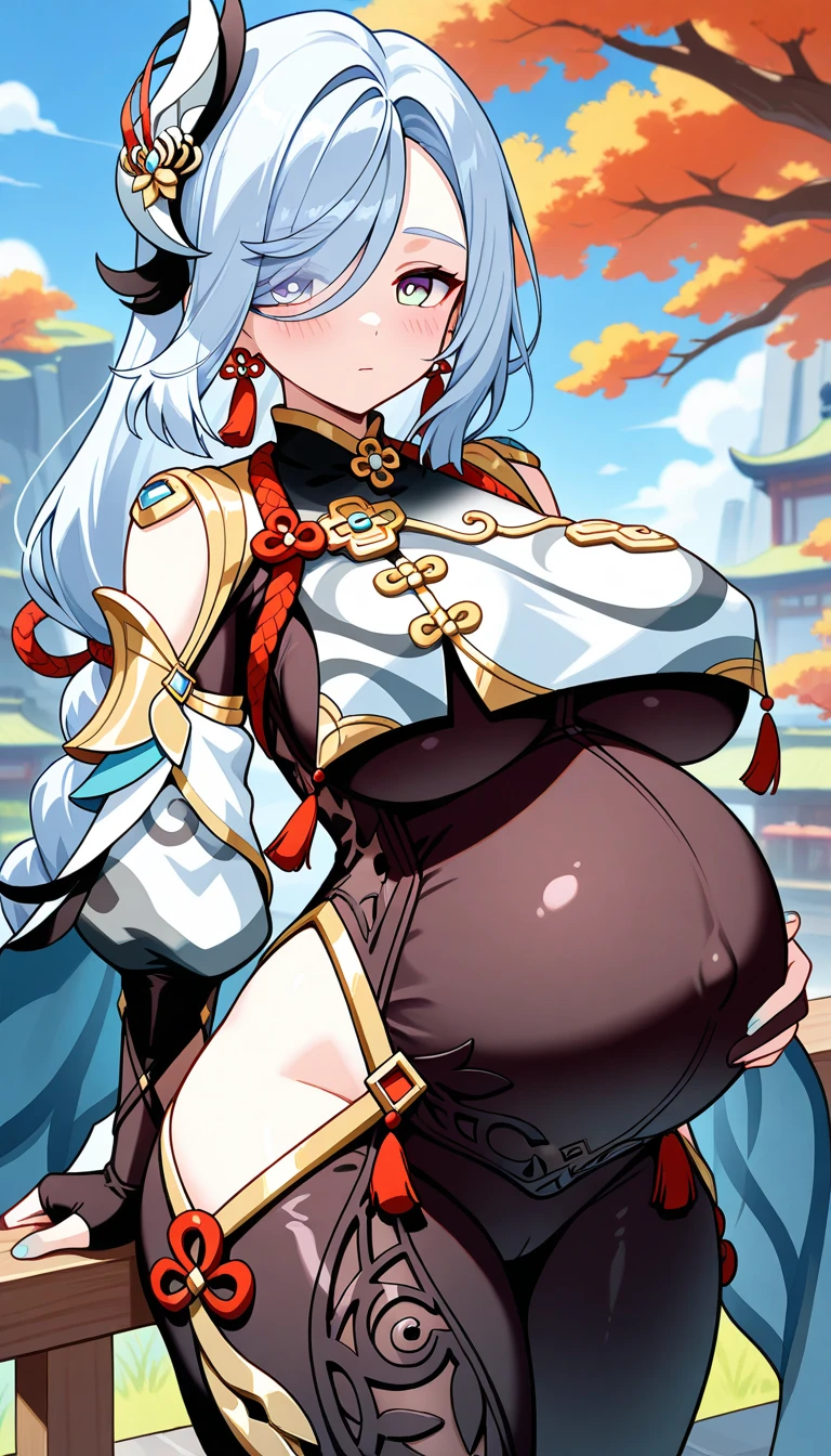 pregnant queen, white hair, blue eyes, ornate light blue dress (white details), cleavage