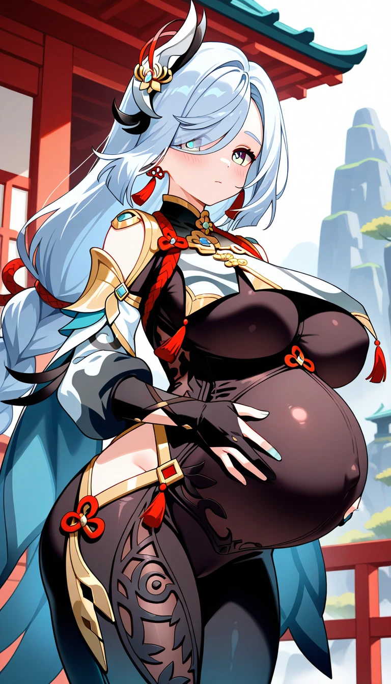 4k,Realistic painting style,Details of the face,Delicate face,best quality, masterpiece, high resolution, alone, {shenhe_Genshin Impact:1.15}, long_hair, blue_Eyes, Bangs, hair_exceed_one_Eye, Chests, hair_decorate, Big deal_Chests, Jewelry, grey_hair, White_hair, tassel, earrings, Very_long_hair, Weaving, Chest_curtain, 1 girl, Watch_exist_audience, only_Shoulder, portrait, separate_Lips, tassel_earrings,超巨大的Chest,Sexy breasts,Full body photo showing face,Protruding nipples,The nipple protrudes through the clothes and the bulge can be seen through the clothes,one位19岁的女孩孕妇,Perfect face,masterpiece,穿着White校服,Super big and butt,Show off your figure,Looking at the camera,The buttocks are huge,Short skirt,i can see milk,full,Full buttocks,肚子Very大,Much bigger than a pregnant woman,The belly is too big to be proportional,Big belly,Very soft,Fat buttocks,Wide hips,Hypertrophied thighs,和夸张的Fat buttocks,臀部Very大,Out of proportion,The buttocks are disproportionately large,The belly is too big to be proportional,There is a band-aid on the nipple