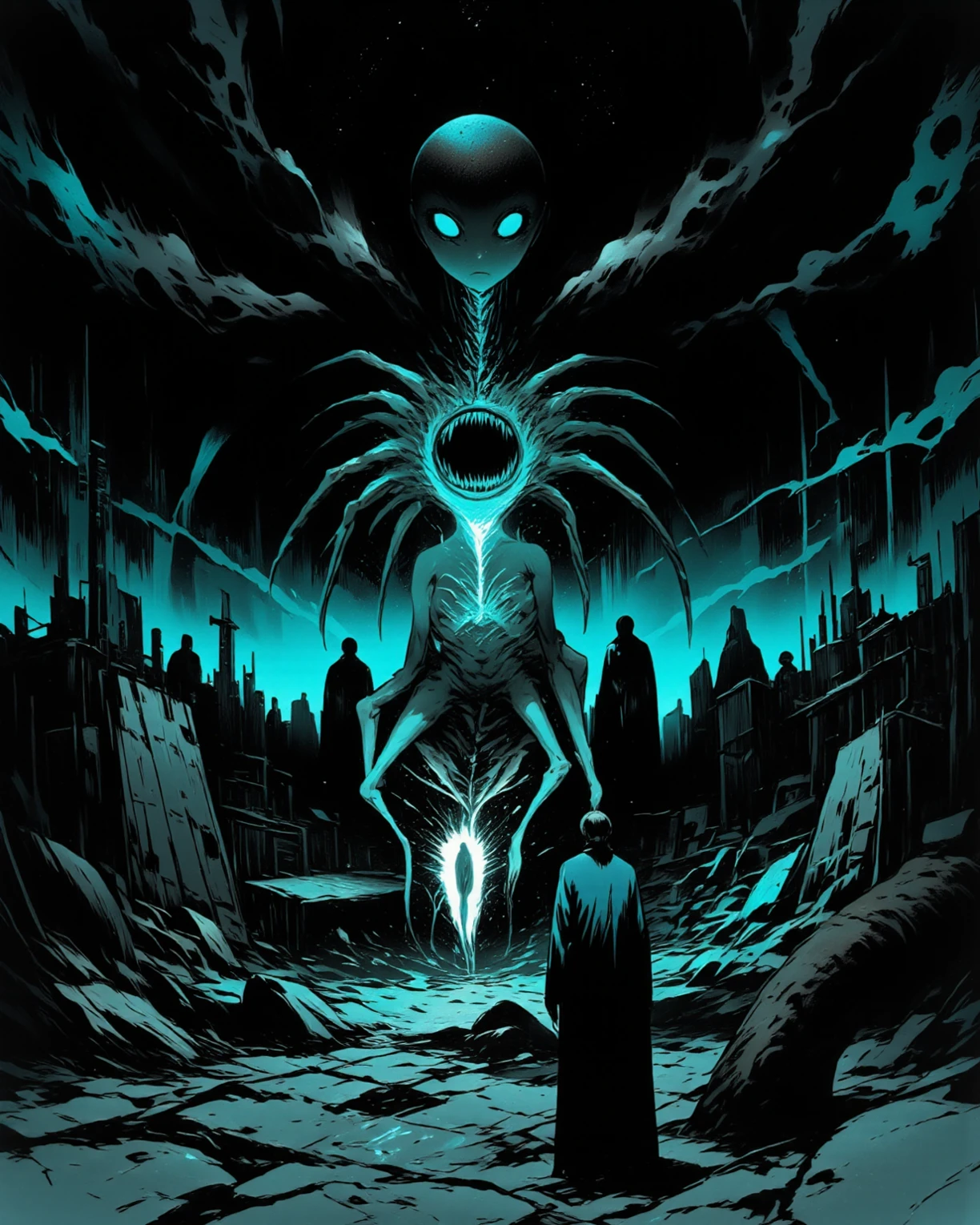 Create a highly detailed and unsettling scene of a demonic-like possession involving a Grey alien. The alien is short, with a large, bulbous head and huge, black, almond-shaped eyes that reflect a cold, emotionless intelligence. Its skin is smooth and pale, almost translucent, with faint veins visible beneath the surface. The alien is standing in a dark, shadowy room, its slender, spindly fingers pressed against the forehead of a terrified human, who is in the throes of possession. The human’s face is twisted in agony, with their mouth open in a silent scream, eyes glowing an unnatural, piercing white. Dark energy tendrils, almost like black smoke, swirl around the human’s body, seeping into their skin as if the alien is injecting malevolent power into them. The room is dimly lit by a single flickering light, casting sharp, dramatic shadows that exaggerate the horror of the scene. Arcane symbols and ancient sigils are etched into the walls