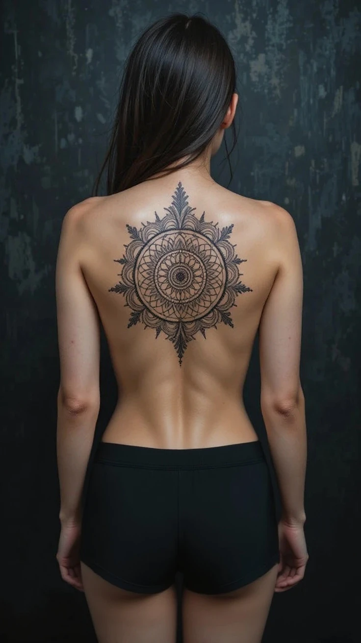 beautiful young woman with back fake nude shoulder tattoo, blonde hair,