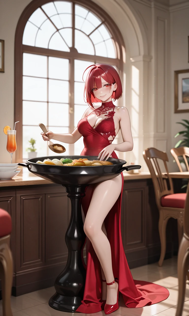 young girl, red hair in a bun, blue eyes, Chinese sleeveless dress, Shorts, A tray of food, Cheerful smile, open mouth, Masterpiece, high qulity