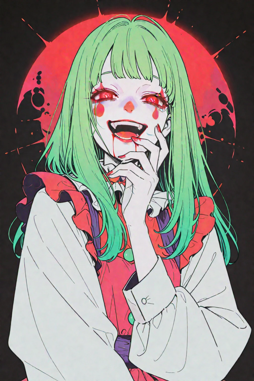 (masterpiece), (best quality), (ultra-detailed), sakura zombie, 1girl, zombie, blu skin, own hands on face, hands on face, blush , embarrassed