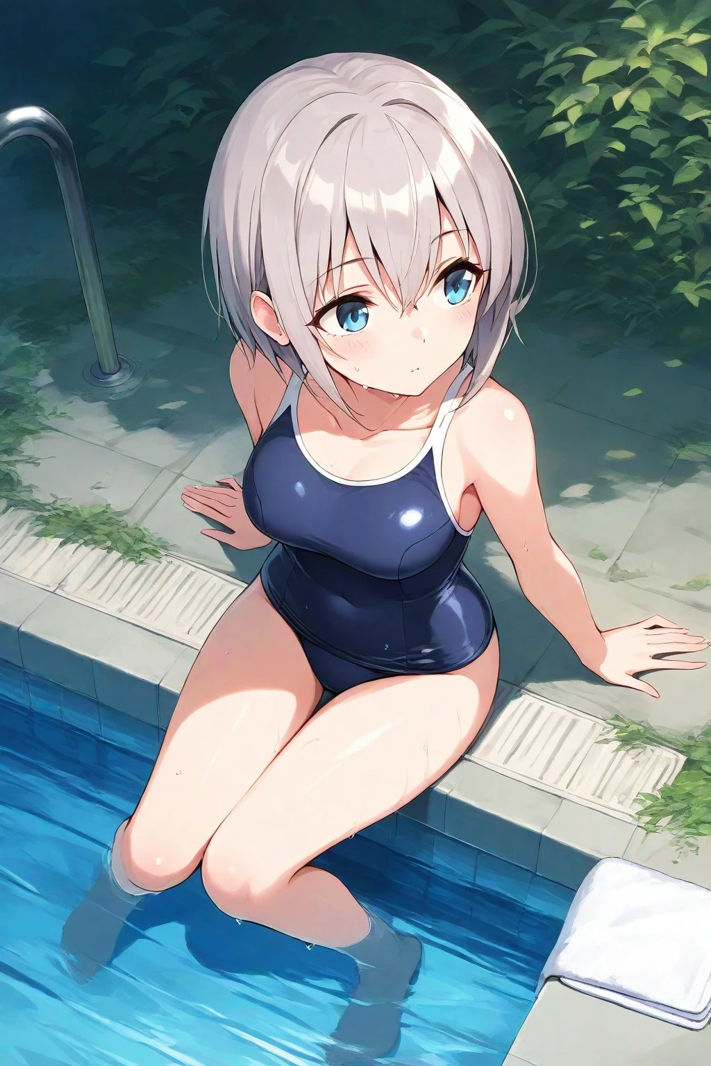 smile,closed mouth,In the shade of a tree,Leaning forward,Bring your face closer,Put your arms behind your back and push your hips out,Gazing into the distance,My chest is crushed by my arms,From back,school swim suit,peace,Photoreal 1;4,wet hair silver hair, {{beautiful medium size breasts 1:4}},top quality,cute girl,high quality background, slanted eyes, detailed shirt chest wrinkles,BREAK, {{beautiful blue eye1:4}}, BREAK, five fingers