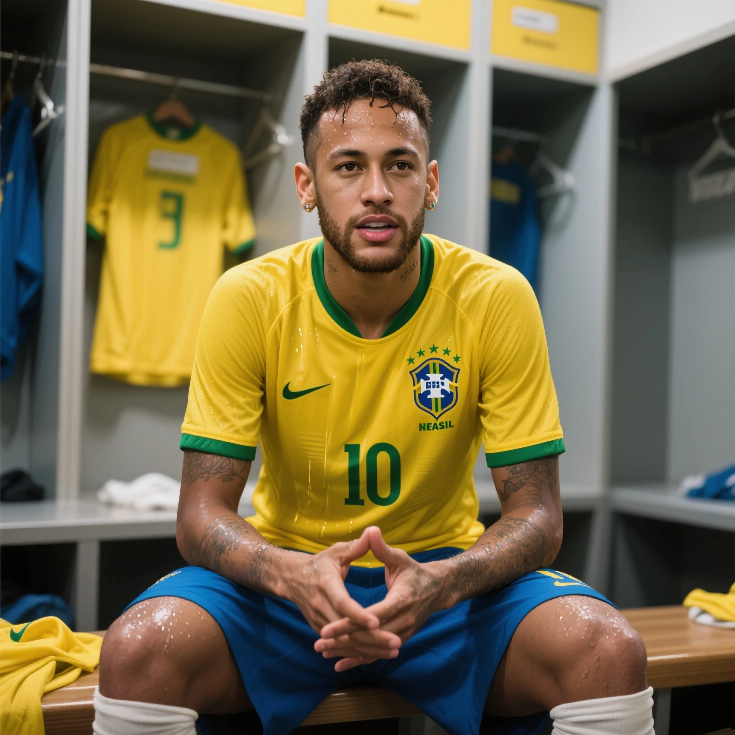 neymar jogador de futebol, no campo, apenas de cueca, sem camisa, corpo inteiro