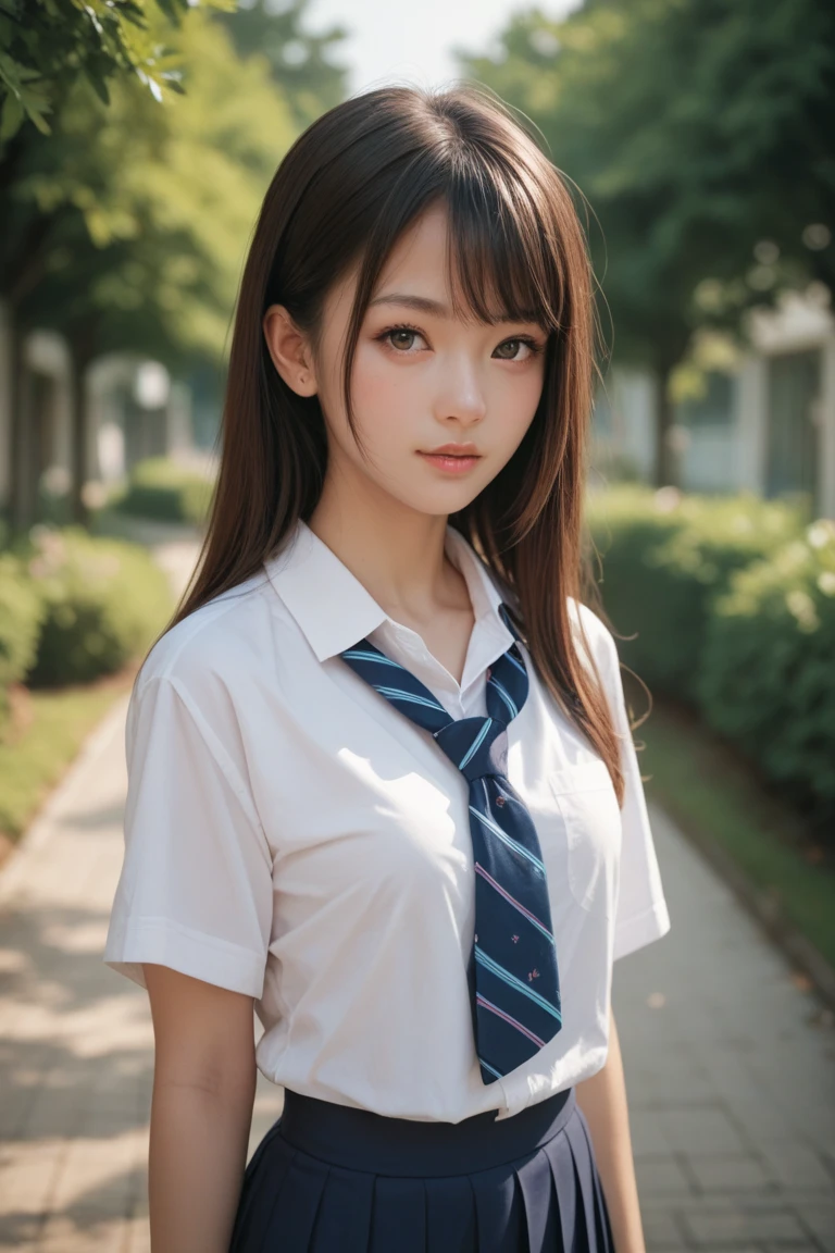 8k,Highest quality, Tabletop, Very detailed, 超High resolution, Realistic, RAW Photos, Absurd, Absolute Resolution, 1 girl, Upper Body Shot, Looking at the audience,Young and beautiful Japan woman, Very cute face, Gorgeous appearance, ,Long Bob Hair,smile,(school uniform:1.3),Beautiful Eyes,(the wind is strong:1.3), 混雑した道をsmileで歩く,Glossy Lips, Double eyelids on both eyes, Natural Makeup, Long eyelashes, 艶やかで滑らかなライトブラウンのLong Bob Hair, Asymmetrical bangs, Glowing Skin, Center image, High resolution, Attention to detail, Detailed hairstyle, Detailed face, Great cinema lighting, Octane Rendering, Vibrant, Surreal, Perfect limbs, Perfect ???????, (Torn clothes:1.3),