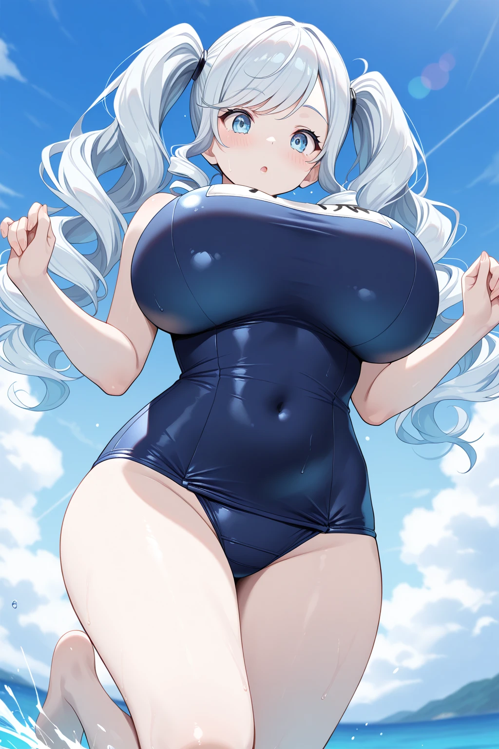 masterpiece, best quality, masterpiece,best quality,official art,extremely detailed CG unity 8k wallpaper, loli, ,(( mesugaki)), platinum blonde hair, twintails, cute face, laughing, huge breasts, blue eyes, bikini,bodystocking,huge ass, uwabaki, wariza,curvy,plump,crazy eyes