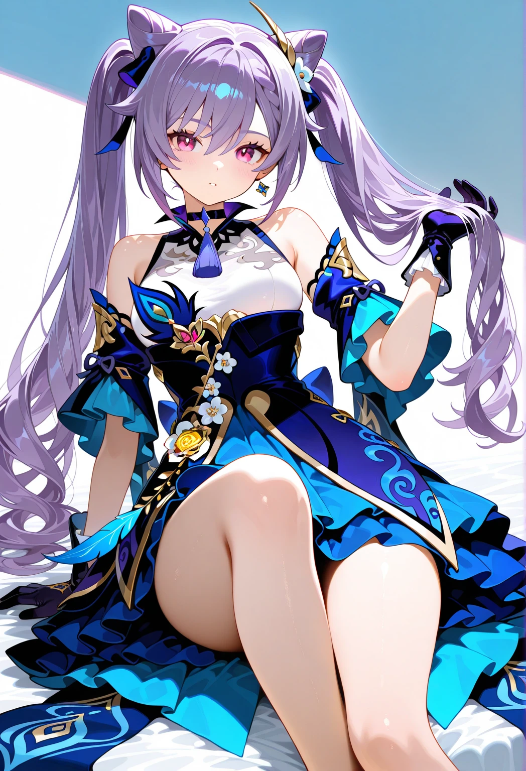 ((masterpiece, best quality)), high resolution,ultra detailed,8k,16k,detailed background, perfect lighting, 1girl,solo,embarrassed,blush,bottomless,show off pussy,clitoris,look at viewer,sweat,steam,(yellow peeing:1.2),(from front),(from below,close up pussy1.2),aroused, squatting,confused,provocative eyes,open mouth,wavy mouth,fair skin,midium breast,keqing,light purple hair,purple eyes,twintail,(short body,short stature:1.3),(over size head),(seaside beach,skirt lift)