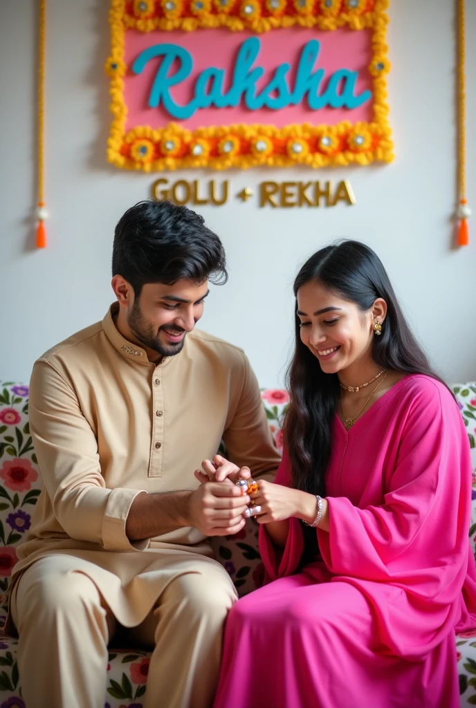 A girl in lehnga sitting on chair smiling 
A man standing with his hand on her head smiling wearing kurta and hiding a gift behind his back in his hand 
Background - lively and sweet


