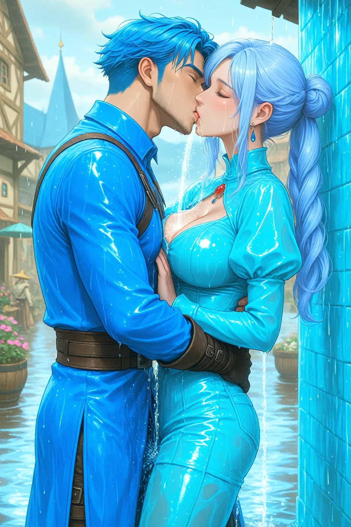 Masterpiece, best quality, 8K, photo realistic, full body, super robot wars, (correct anatomy:1.3), 1boy and 1girl, hetero, having sex, he is naked, (standing, draw close to each other, missionary position, embracing, Pressing each other's bodies:1.5), side view, ((she clings to his body with her legs), he sucks her breasts, he grabs her breasts, he grabs her waist, soul kiss, :1.5), break, (she is Seolla Schweizer, she wears Seolla Schweizer’s outfit, her hair is Seolla Schweizer‘s hairstyle, she has blue medium hair, she has blue eyes, blue cloth, (((black mini skirt), black socks, black boots)):1.5), show off her breasts, she has round and big eyes, (she has gorgeous perfect cute face:1.4), she is very young caucasian girl, (she has baby face:1.2), (she has heart face:1.2), break, (she has ultra huge breasts:1.8), (she has big ass and seductive thighs:0.8), (muscular:1.3), break, (nsfw:1.3), (creampie:1.5), (clothing aside, his massive penis, penetration:1.6), (open her legs:1.2), (slut:1.7), (tear:1.6), (sweat:1.7), (cry:1.6), (orgasm face:1.2), (surprise:1.4), (tongue out:1.6), (smile:0.7), obedience, sex slave, 