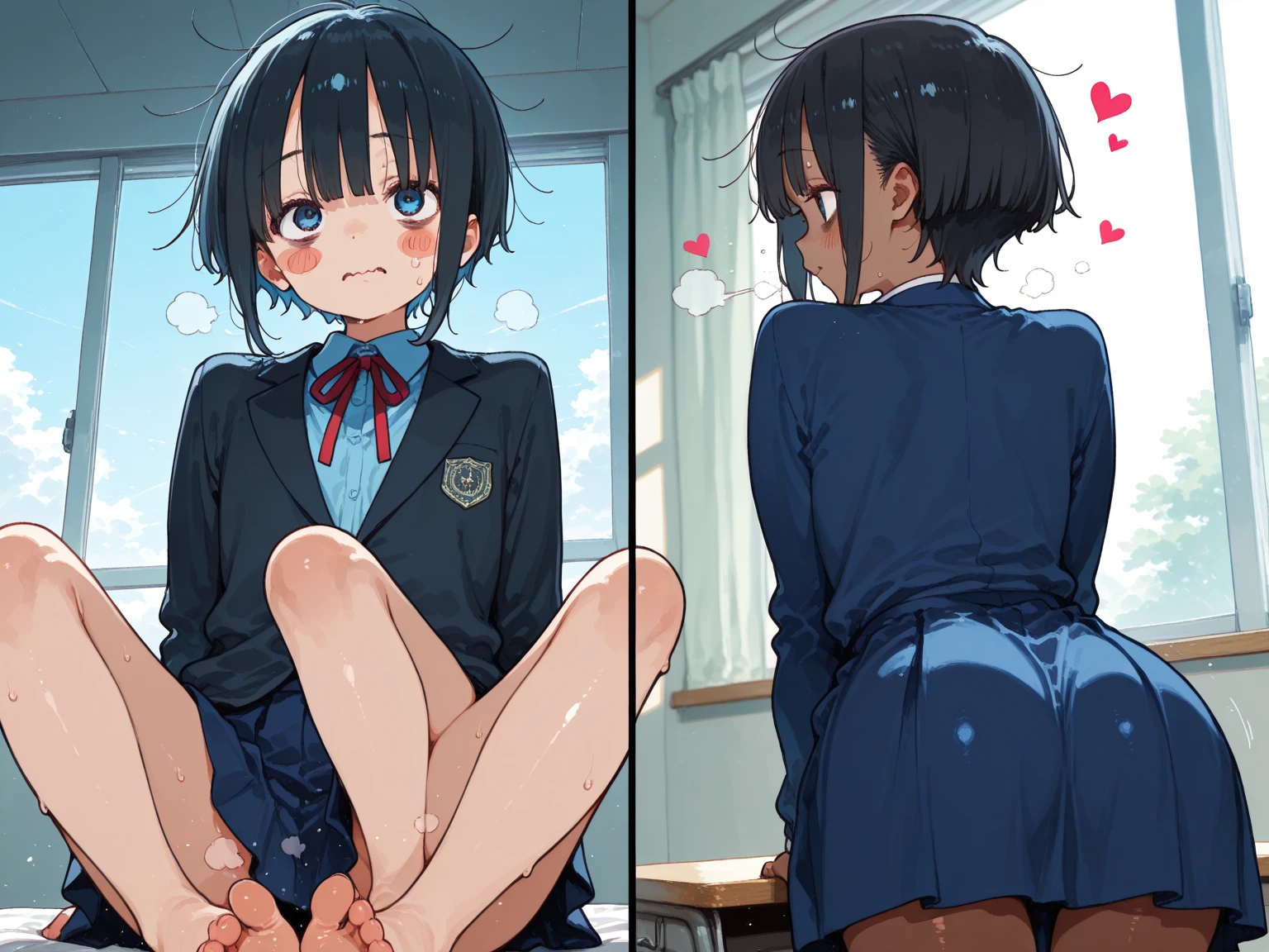 ((masterpiece,Highest quality:1.3,best quality illustration)),cowboy shot,独奏,1woman,16 year old beauty、black hair,short bob hair,bangs,black eyes,(gorgeous big eyes),((very small head:1.3)),crying,tears,((very long body:1.2,skinny)),((tan skin:1.4,Injury:1.4)),medium breasts,naked,nipples、navel,vagina,gleaming skin,oily skin,slender body,sweat,kneeling,arms up,spread legs,floor、classroom、School、Tokyo、BDSM,nsfw,