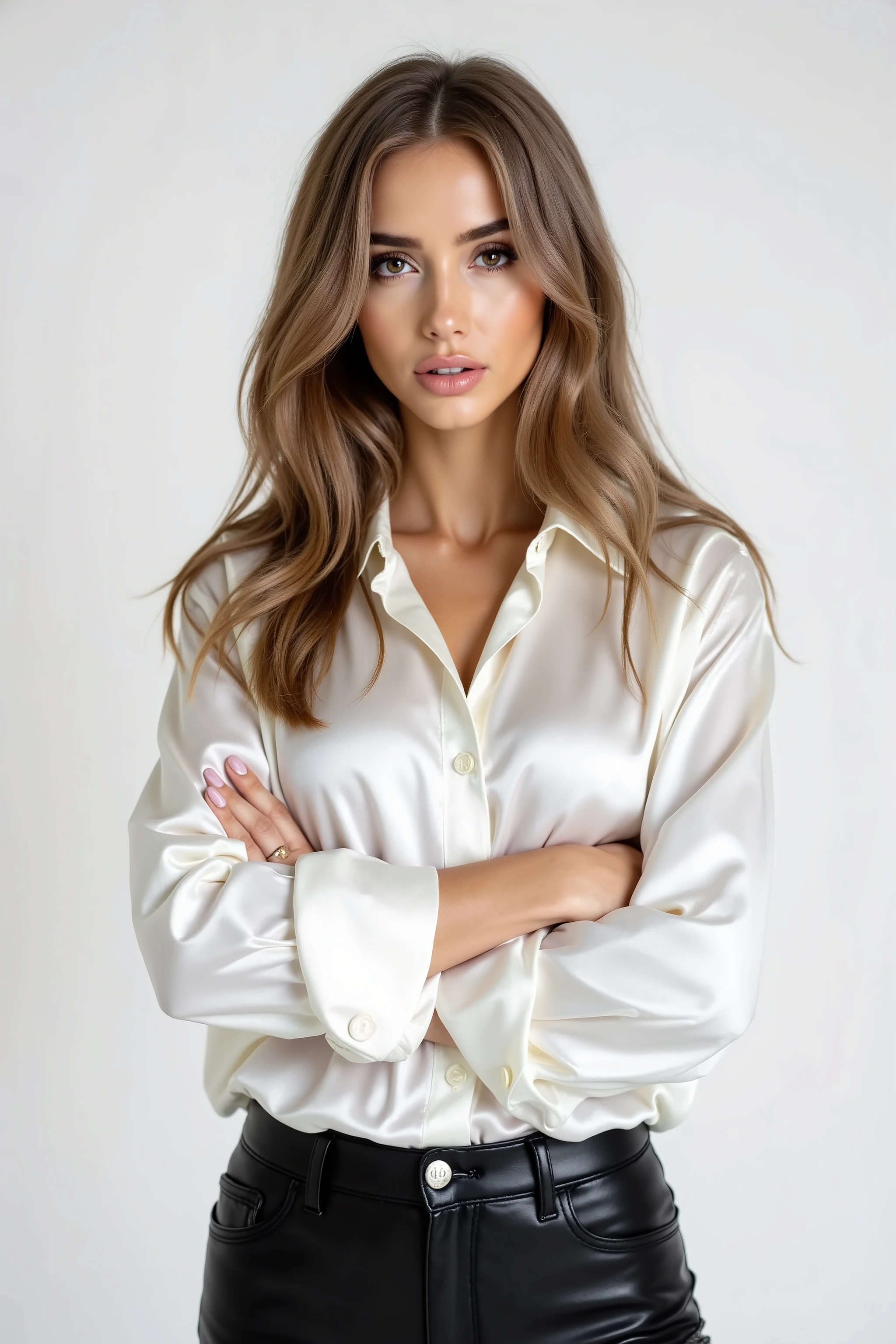 Valentina Grishko, dark blonde instagram model with a shiny white satin button down shirt, black leather pants, arms crossed, white studio background