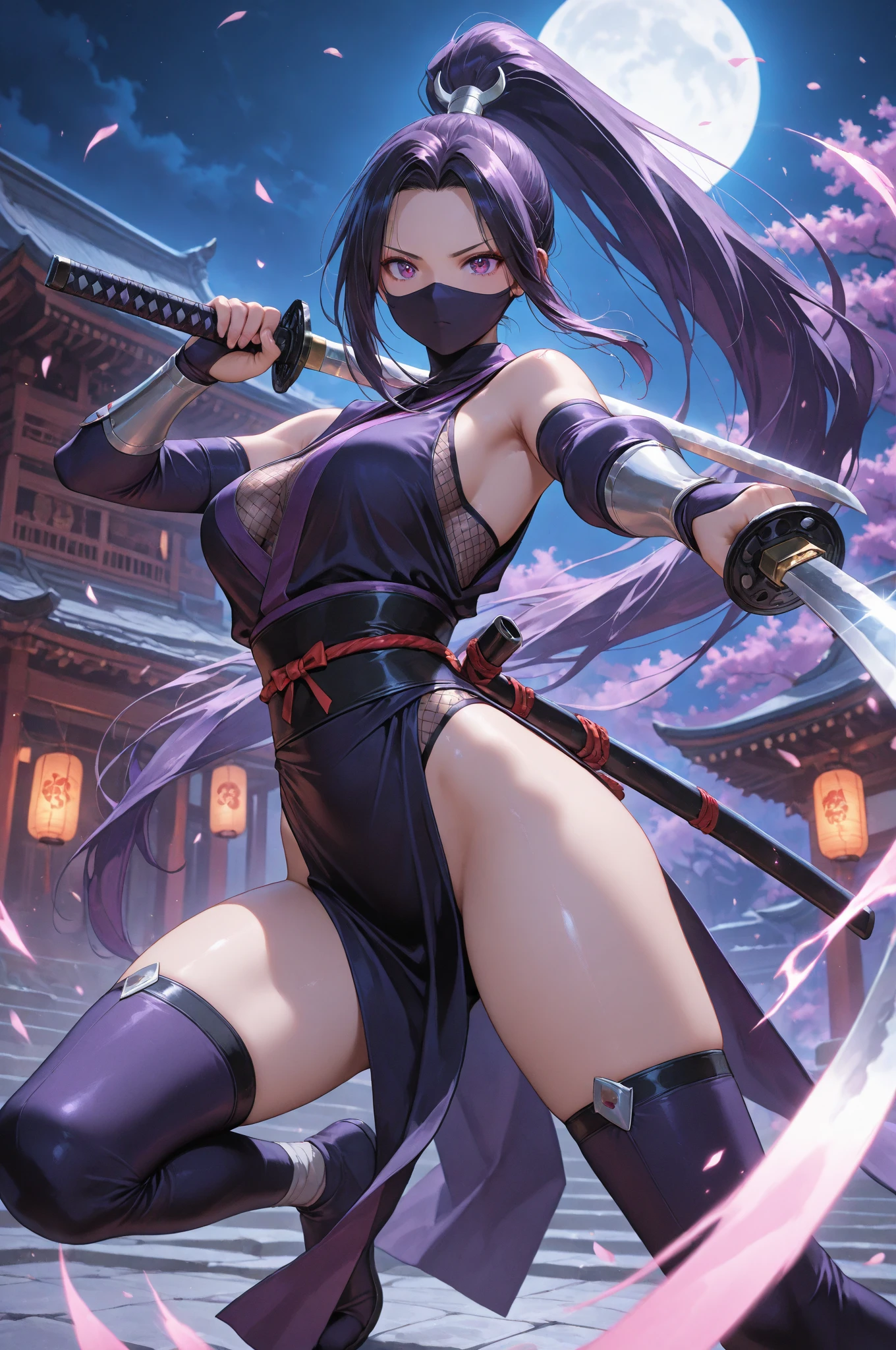 masterpiece, extra limbs,(1 child),(black shaggy cut), slant eyes, blank navy eyes, flat chest small nipples small areolas,pale white skin athlete skinny body,sullen,on one knee,(((clothed ninja:1.4))),(holding a katana),((alley,midnight,fog))