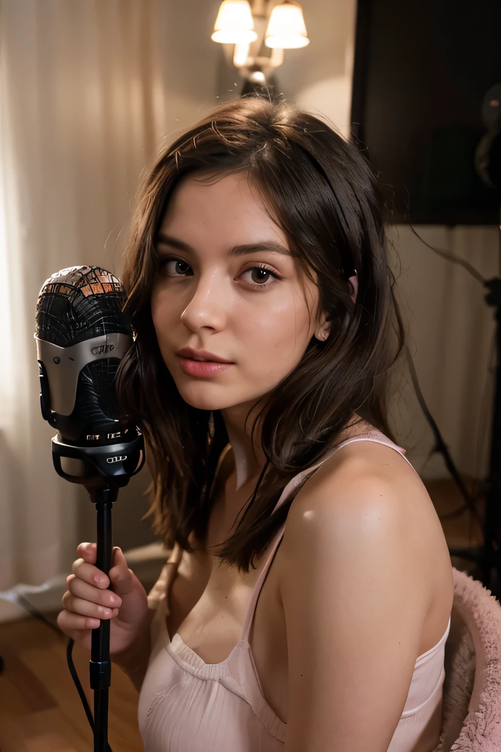 she is in the bedroom, using the microphone