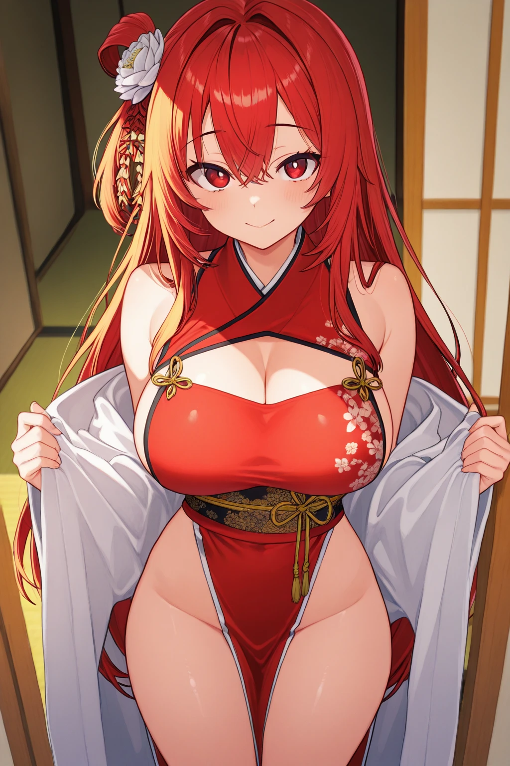 1 girl, long ginger hair, fox ears, only fox ears, crimson eyes, extremly detailed, blushing, huge breasts, sexy and seductive, wearing red and white erotic kimono, tall women, long flufy nine fox tails, thicc thighs, wide hips, smile, horny, absurdes, high res, ultra sharp, 8k, masterpiece, looking at viewer