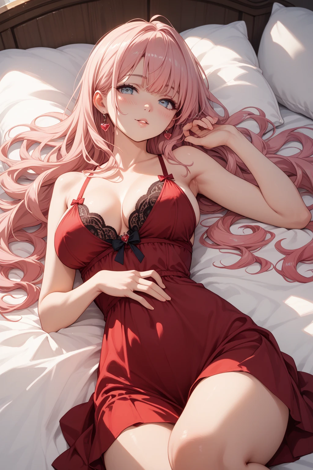 1girl, 18 years old, long pink hair, red eyes, red short nightgown, princess death, skull hair clip, boobs, drawing a skull, in bedroom.