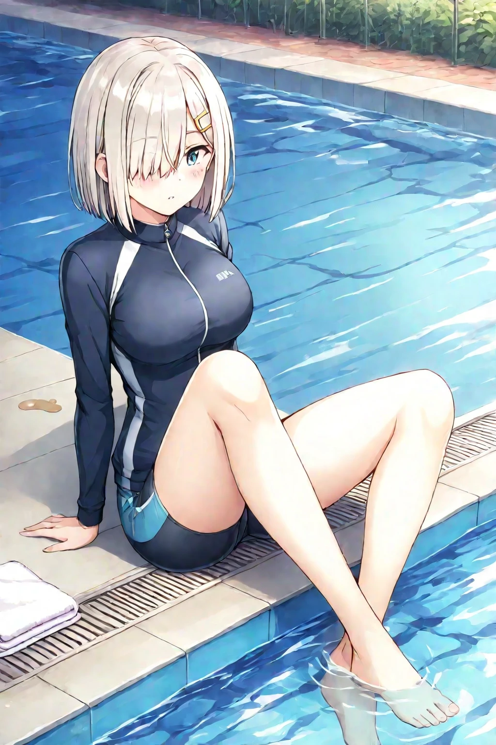 Blue school swimsuit、(masterpiece、Highest quality)、Highest quality, Ultra-high resolution, (((masterpiece))), alone, Sweat、Big eyes, Composition from the front、Shortcuts、Embarrassed face、blonde、Cut your hair short、School swimming pool、short hair、Pussy Line、Browsing Caution、Butt