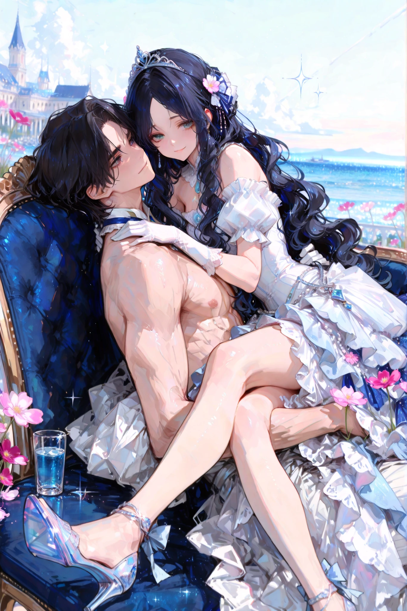 girl,full body,(detailed face:1.2), masterpiece, fashion, mediaeval blue dress with frills, sapphire eyes, soft brown hair, blue ram demon horns, hetero colored shade of the eyes,