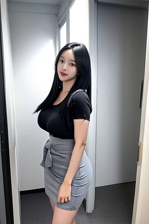 Best Quality, High Resolution, In the Room, Standing, Shy, Goose Egg Face, 1girl, High Cold Goddess, Tummy Down, (Smile: 1.15), Makeup, (Big Tits: 1.1), Beautiful and Delicate Eyes, Jet Black Smooth Hair (Eyelashes: 1.1), (Cleavage: 1.1), Thighhighs, (Arm Natural: 1.1), (Full Body), (Black Dress),