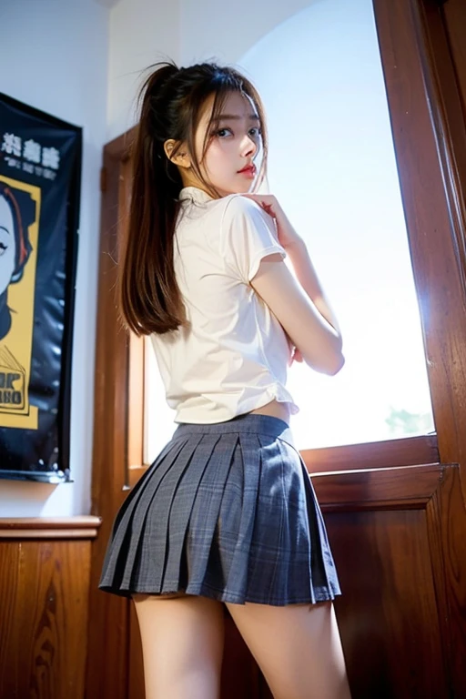top-quality, 8K picture quality, masterpiece, A hyper-realistic, (Two girls side by side:1.2), Perfect body and firm big breasts, Bright whitening skin, Tight white blouse with crimson ribbon tie, Micro mini pleated tartan check skirt, (the skirt is incredibly short:1.2), (One person sticks out his butt and his beautiful butt is fully exposed.:1.3), (above the knee while standing), thin-waist, strong lights,, (I feel pleasure in showing my butt)