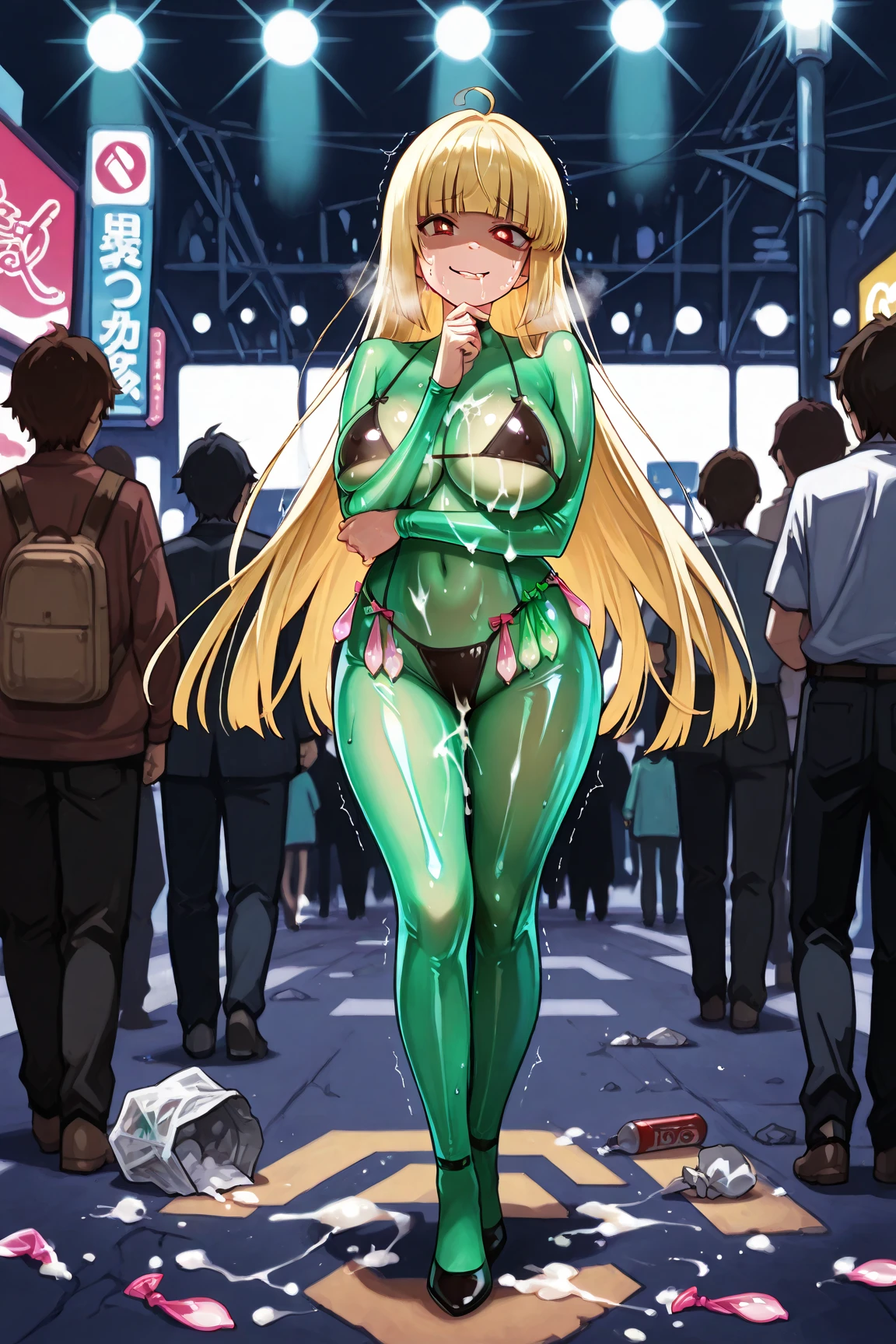 (masterpiece:1.2, best quality), actual, (real picture, intricate details, depth of field), 一个穿着black乳膠連體緊身衣褲的女人的特写, Blonde wavy long hair, Green eyes, 40-year-old female, adult, whole body! Asuka suit, Wearing Kudo Tsuko latex suit, Asuka suit under clothes!, Asuka, Tokusho, black, 緊身black皮甲, beautiful Asuka from evangelion, black緊身皮甲, Asuka from evangelion, spandex suit, V-chest clothes, clavicle, cleavage, large breasts, large , biggest breast, huge breast, fake breasts, Thin waist and thick hips, hourglass figure, Tik, wide pelvis, Pelvis larger than shoulder blades, fitness model, rosy cheeks, sweat, Stand on a crowded train, Many men surround her, The men looked at her intently, night