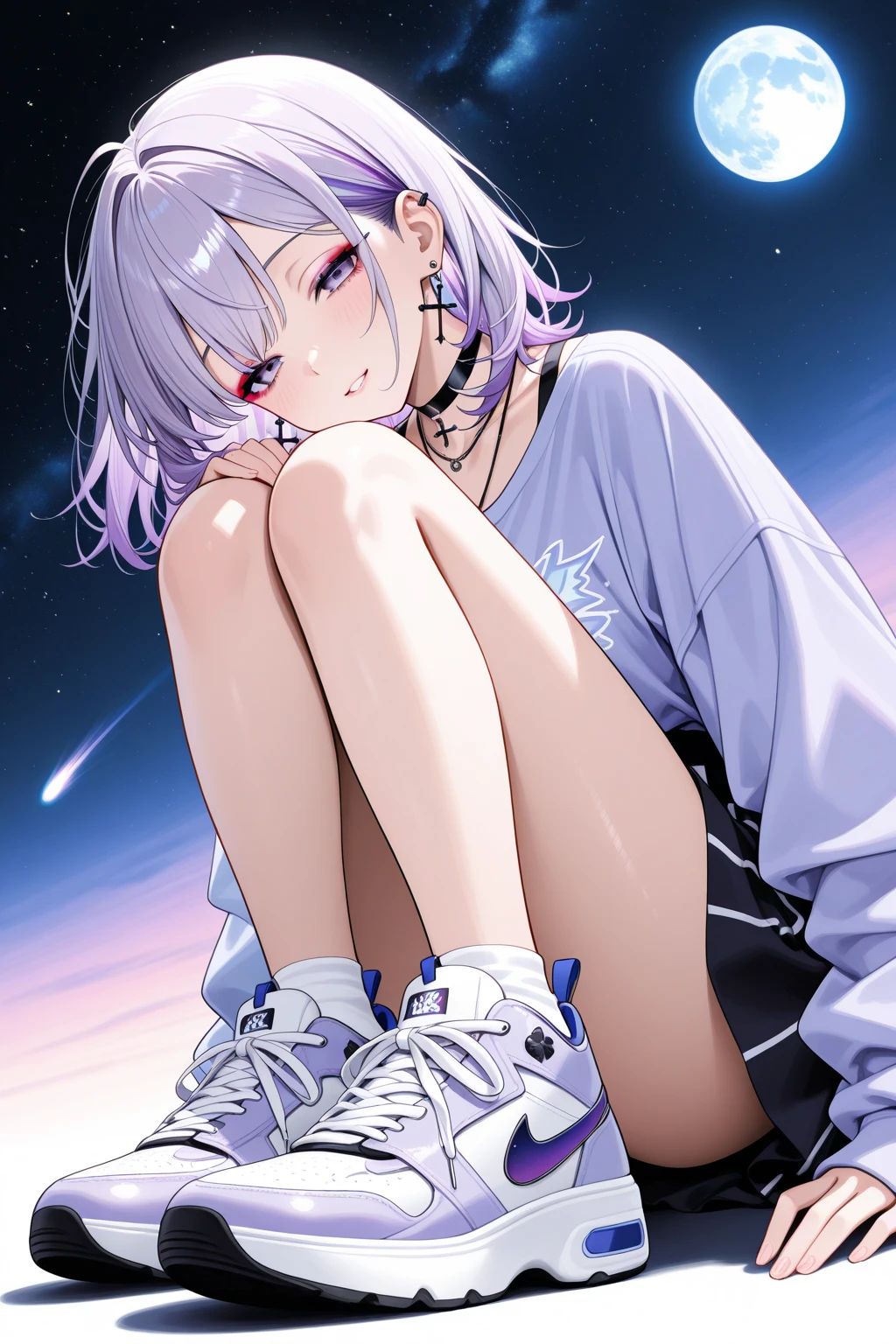 She is a dark grey girl kitten. She has purple hair in an unusual bun style. She wears an E-collar and four light blue roller skates. SPARKLE; GLITTER