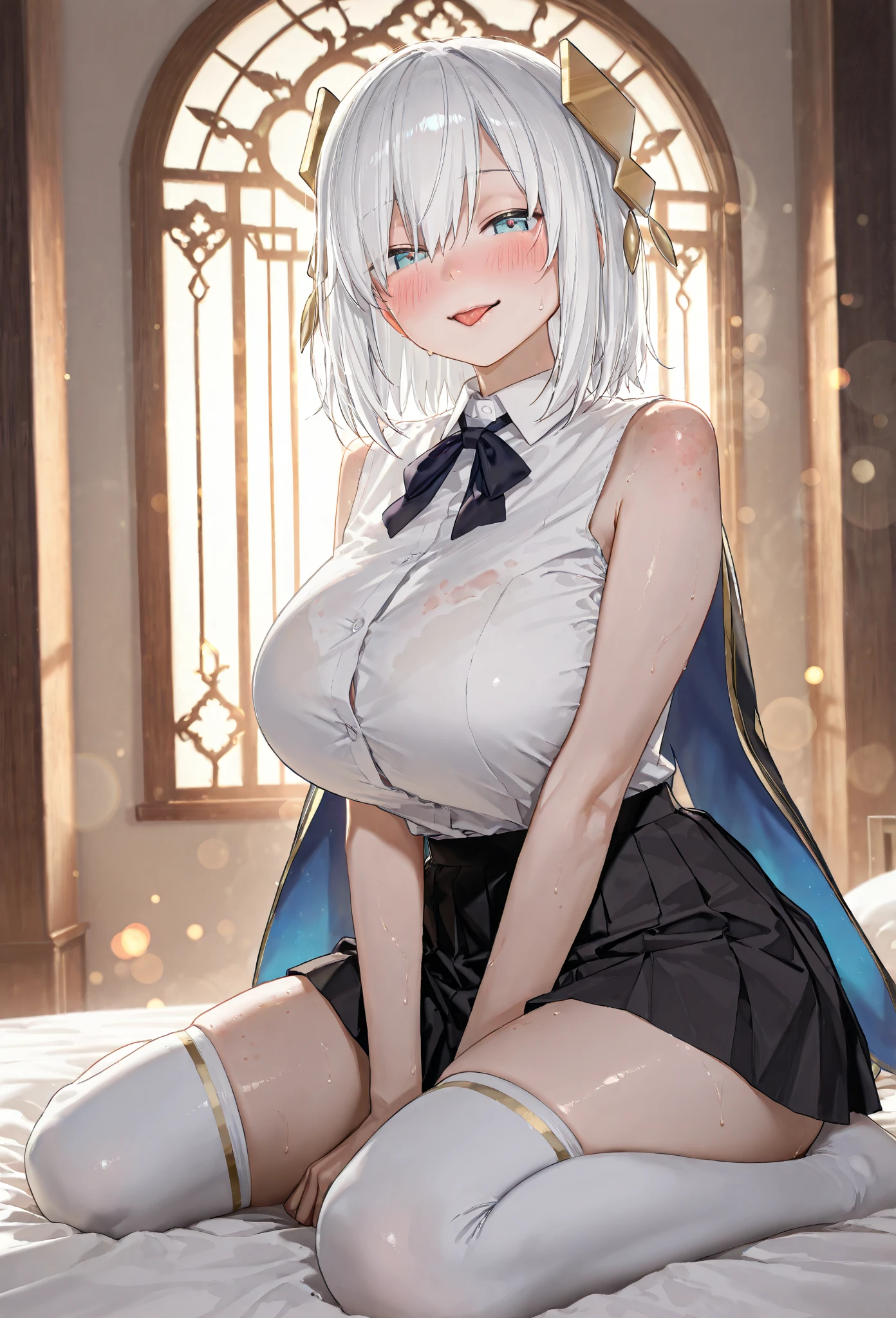daughter, Breasts Out, witheout panties, Cunning expression, White hair, blue colored eyes 