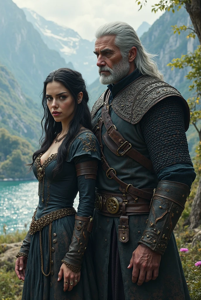 ((ultra detailed, masterpiece, best quality, photorealistic image, detailed face, upper body portrait)), <lora:W3Geralt:0.7> W3Geralt, outside near a medieval castle, winter weather, far mountains, north forest, wide fov, two person, man and woman, hugging, Geralt of Rivia and Yennefer of Vengerberg, <lora:W3Yennefer:0.8> W3Yennefer, (((girl with black hair and purple pupil of eyes, girl with black lace clothes))), ((man with leather armor suit))