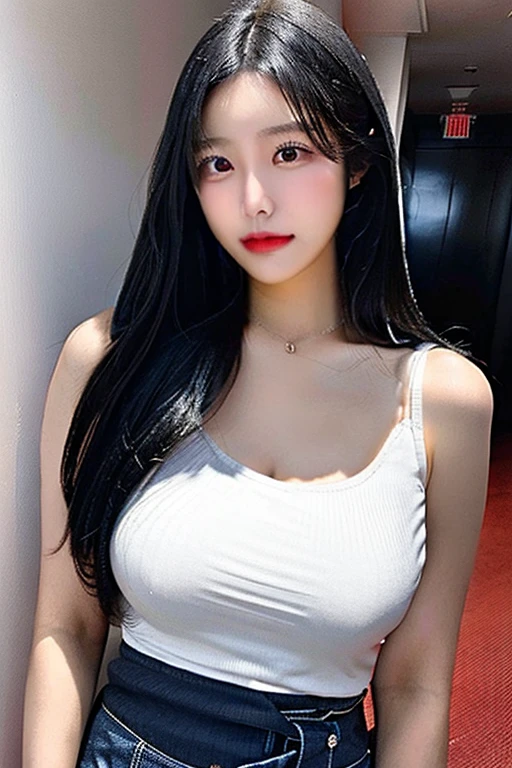 ((best quality, 8K, masterpiece, Clear focus )), 18 years old young Korean girl, ((Dark brown long hair, Huge breasts :1.3)), Slim abdominal muscles :1.5,((Low-cut round neck tight short T-shirt :1.6,Cut-out chest top) ), (Wooden wall background :1.2), Highly detailed face and skin textures, Delicate eyes, Double eyelids, Toothy smile,sweet,cute,collagen,cosmetic,Focus on the chest