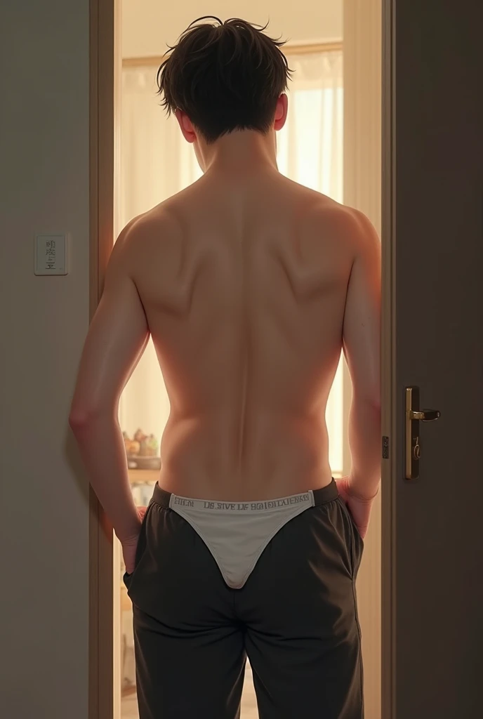 Young handsome Japanese guy standing sideways turn back show naked ass to viewer,light brown underwear,standing at escape stairs in the building,The corridor was dimly lit by pearl lightbulbs
