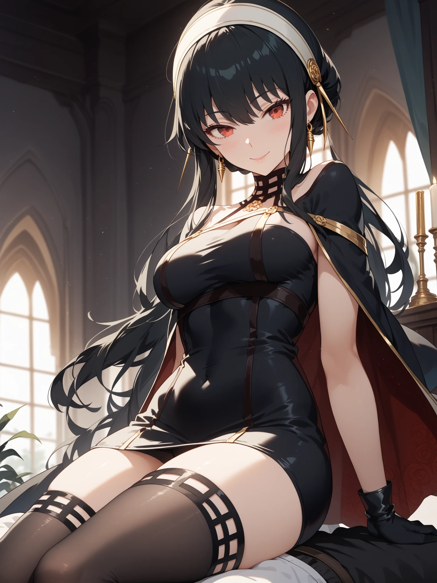 (((masterpiece))), (((highest quality))), ((Very detailed)), Very delicate light, finely fine grain and Detailed face, Detailed light, (Best Shadow), beautiful fine details, (Detailed body), Detailed face, (colorful), beautiful detailed hair,
Detailed Background:1.3, Fantasy, (Particles of light),
(Ray Tracing:1.2), one person girl, (beautiful, fine grain:1.2),Black legwear, Thigh-high boots, mini skirt, cute、Black Hair、Big Breasts、Nice、Red eyes、one person、Long Hair、Absolute area、Black metal armor、cute armor suit、cute smile、Cleavage、Demon King、Sitting on the throne、Crossing your legs、devil、