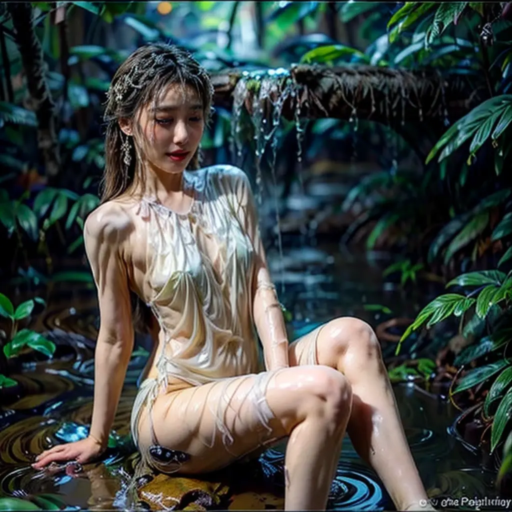 Draw real photos,A beautiful girl with red eyes from another world,Holding a delicate flute and waving it with both hands in the air,Plump and majestic figure,fair and translucent skin,long legs,Silky white hair,Nude smiling shyly in the maple forest,Standing barefoot on the rocks in the stream,Super fine details。