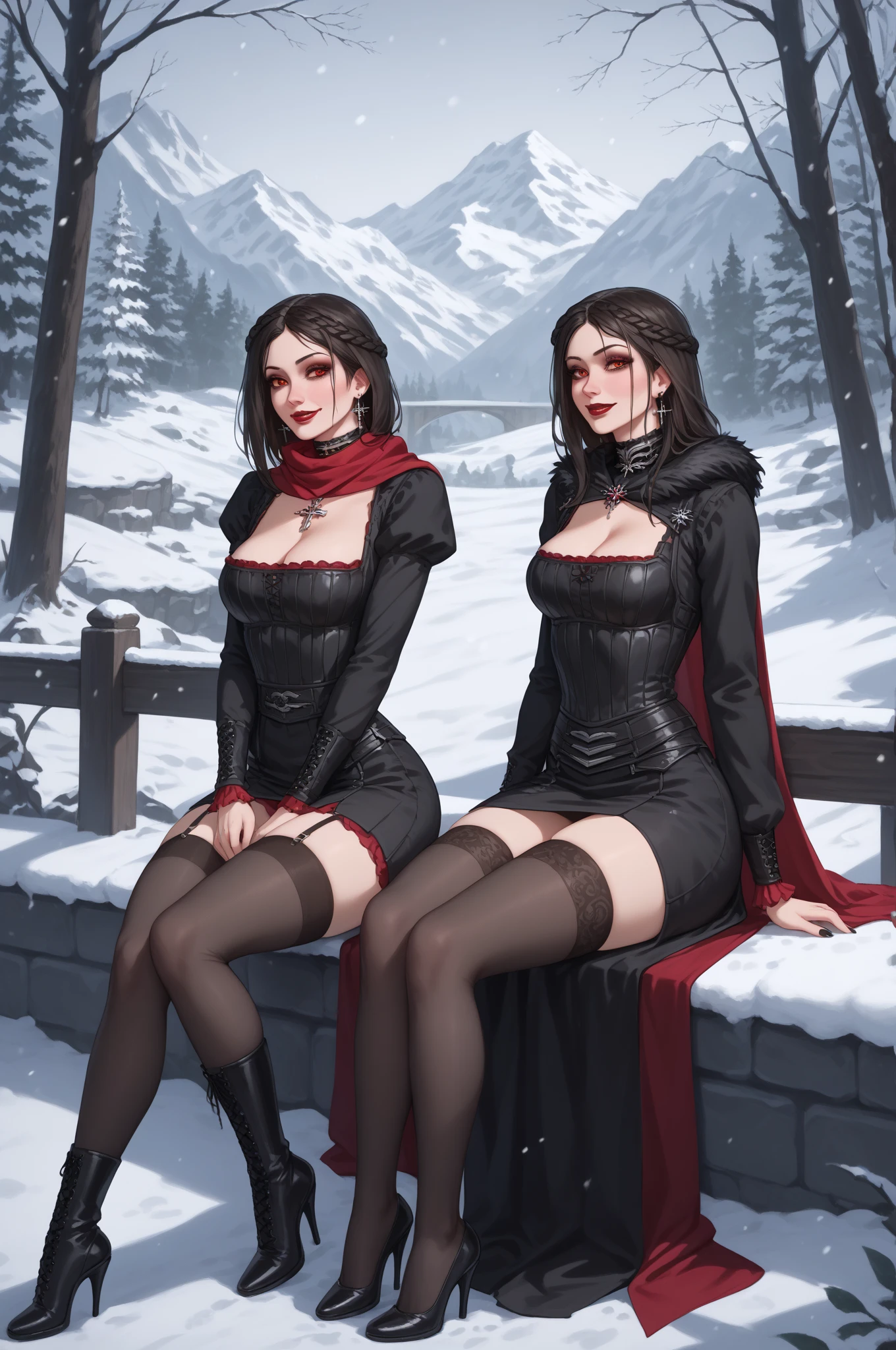 A beautiful devilish woman with black hair, pale skin, and intense red eyes, wearing an elf-like costume, standing in a dark and mysterious setting, (best quality,4k,8k,highres,masterpiece:1.2),ultra-detailed,(realistic,photorealistic,photo-realistic:1.37),intricate details,dramatic lighting,cinematic composition,dark fantasy,chiaroscuro,dramatic shadows,moody atmosphere,(1girl)