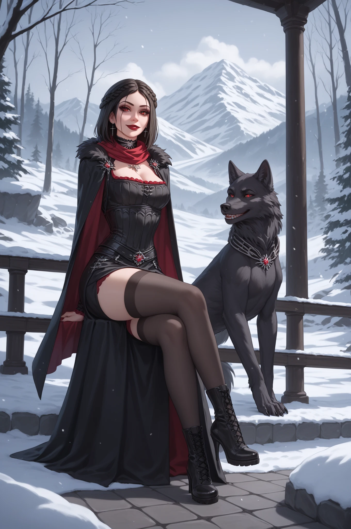 (Masterpiece, Best Quality, Super Fine, Flawless: 1.3), Epic, Illustrations, On a Battlefield Full of Defeated and Fallen People, 1 Girl, Beautiful Facial Features, Big Breasts, Pale Skin, Exaggerated and Gorgeous Wizard Hat, Black Robe, White Tight-Fitting Top, Short Silk Skirt, Black Long Boots, Black Long-legged Socks, (Full Body: 1.3), Dark Witch, (Red Lipstick: 1), Paws, Korea, (Blood Red Tapestry, Loaded with Ominous Creatures: 1.3)