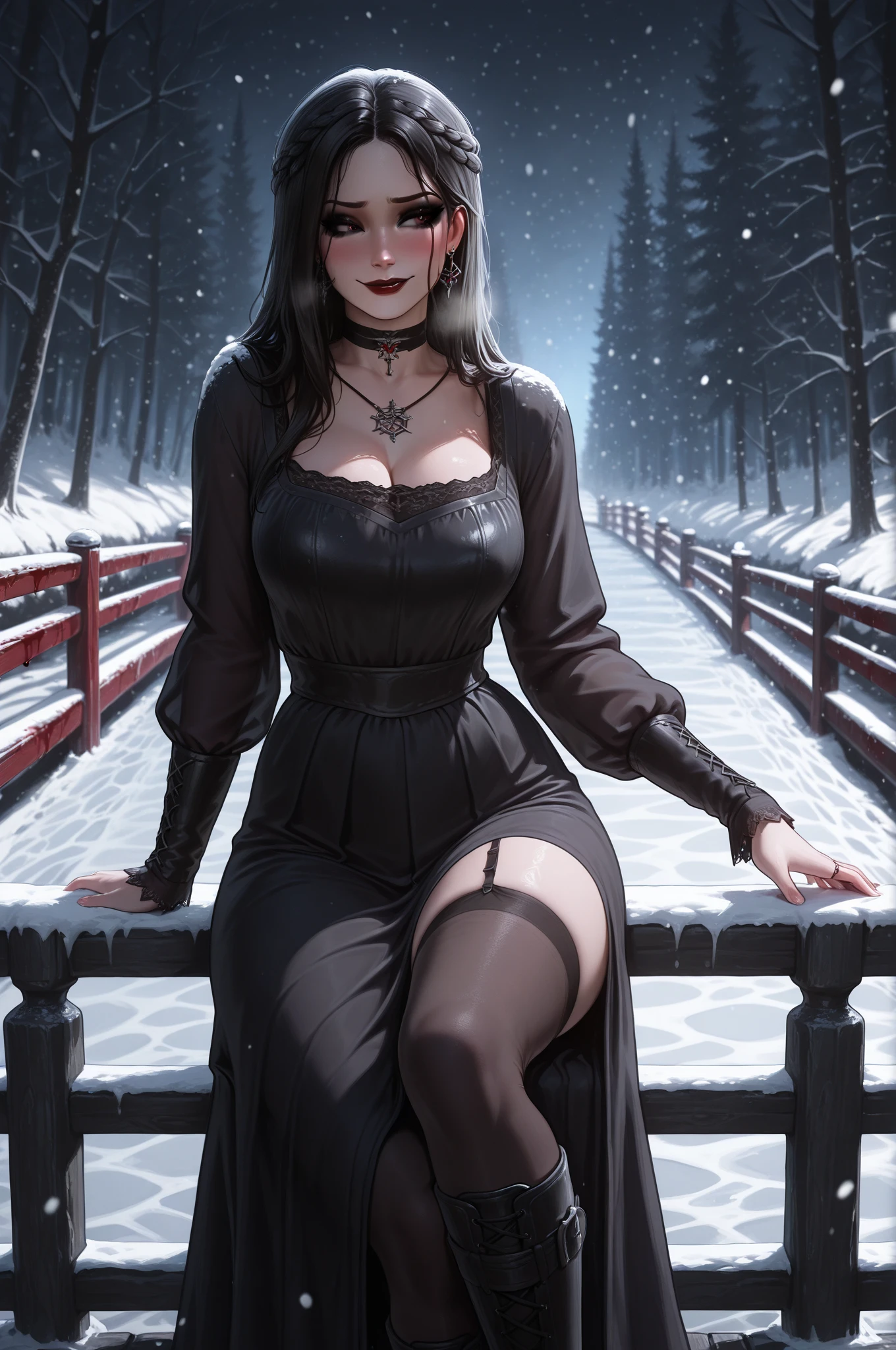 gothic reindeer girl,(((1girl))),((extremely cute and beautiful black haired anime gothic reindeer girl)),

(((anthro furry:1.2), Playboy_Reindeer, reindeer_antlers,(huge antlers:1.2),)),(large breasts:1.4),saggy breasts,((((black curly hair:1.35,medium hair,colored inner hair,ear breathing)))),(((red eyes:1.3))),intricate eyes,beautiful detailed eyes,symmetrical eyes,big eyes:1.5,((fat)),(((lustrous skin:1.5,bright skin: 1.5,skin tanned,shiny skin,very shiny skin,shiny body,plastic glitter skin,exaggerated shiny skin,illuminated skin))),(spider lower abdomen,narrow waist,wide hip,athletic body,inflated legs,delicate detailed fingers,detailed body,detailed arms,human hands,(detailed face)),

cute,slutty,seductive,erotic,(((nsfw))),

zettai ryouiki,revealing clothing,show skin,(((Sexy goth fur coat, goth fur coat outfit, wearing a goth fur coat:1.3,dark red winter coat))),((red goth mini-skirt,red goth mini skirt with furry edge,visible thong straps)),(red gothic clothes,semi-naked,with little goth clothing),((((Black Eyeshadow,Thick Black Eyeliner,Long Dramatic Eyelashes,Black Lips,moon Accessories,ravens ornaments)))),((ravens on her clothes)),(((intricate outfit,intricate clothes,embroidered outfit,ornate outfit))),

(dynamic pose:1.0),embarrassed,(centered,scale to fit dimensions,Rule of thirds),

((snowy pine forest at night)), with dark stormy clouds,winter,scenery:1.25,((snow forest background)),Christmas tree,

highres,sharp focus,(ultra detailed,extremely detailed),(photorealistic artwork:1.37),(extremely detailed CG unity 8k wallpaper),(((vibrant colors,vibrant theme))),(intricate),(masterpiece),(best quality),